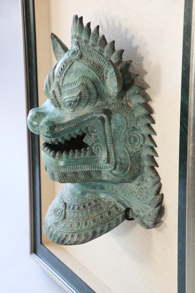 Two Large Khmer style Foo Dogs Bronze Cast Masks Mounted and Framed For