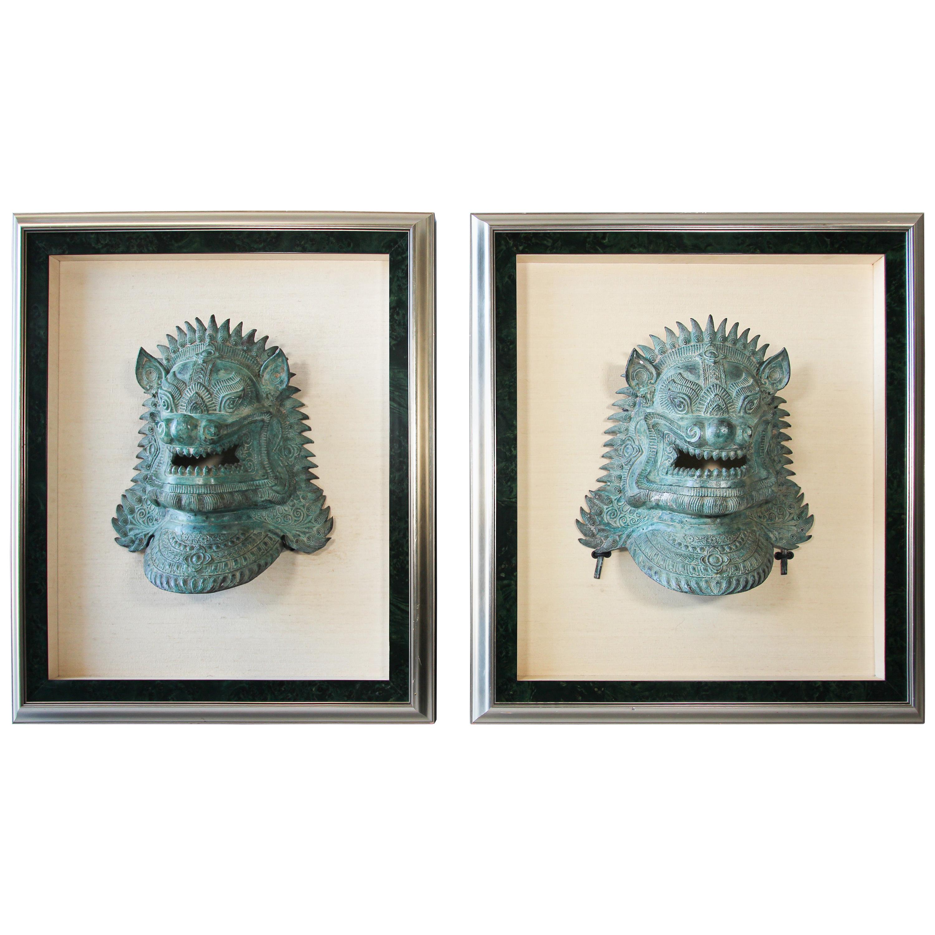 Two Large Khmer style Foo Dogs Bronze Cast Masks Mounted and Framed