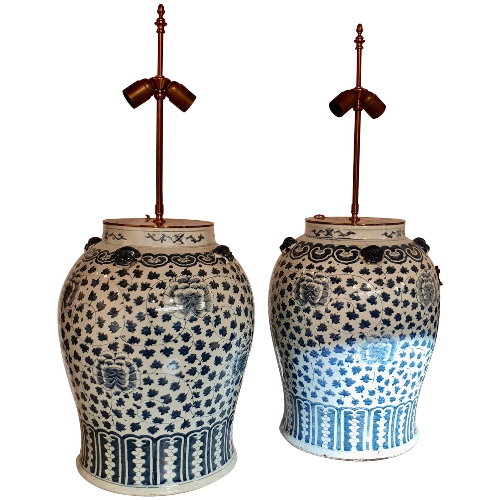 Two Large Chinese Table Lamps with Decor of Stylized Flowers and Dragons