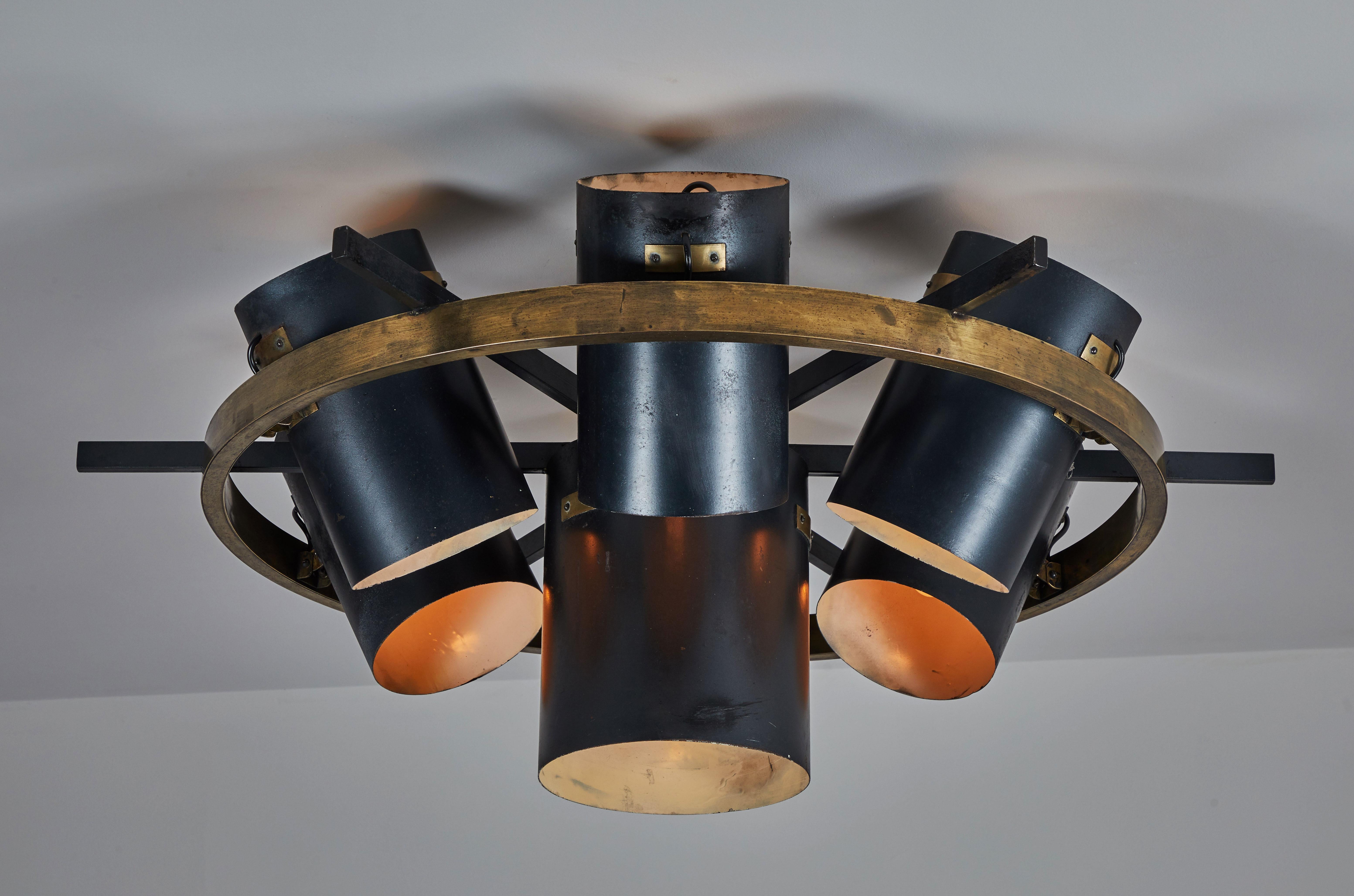 Single large custom Italian ceiling light. Designed in Italy, circa 1960s. Brass and enameled metal. Rewired for US junction boxes. Shades articulate in various positions. Takes six E27 25w maximum bulbs per light. Only one available.