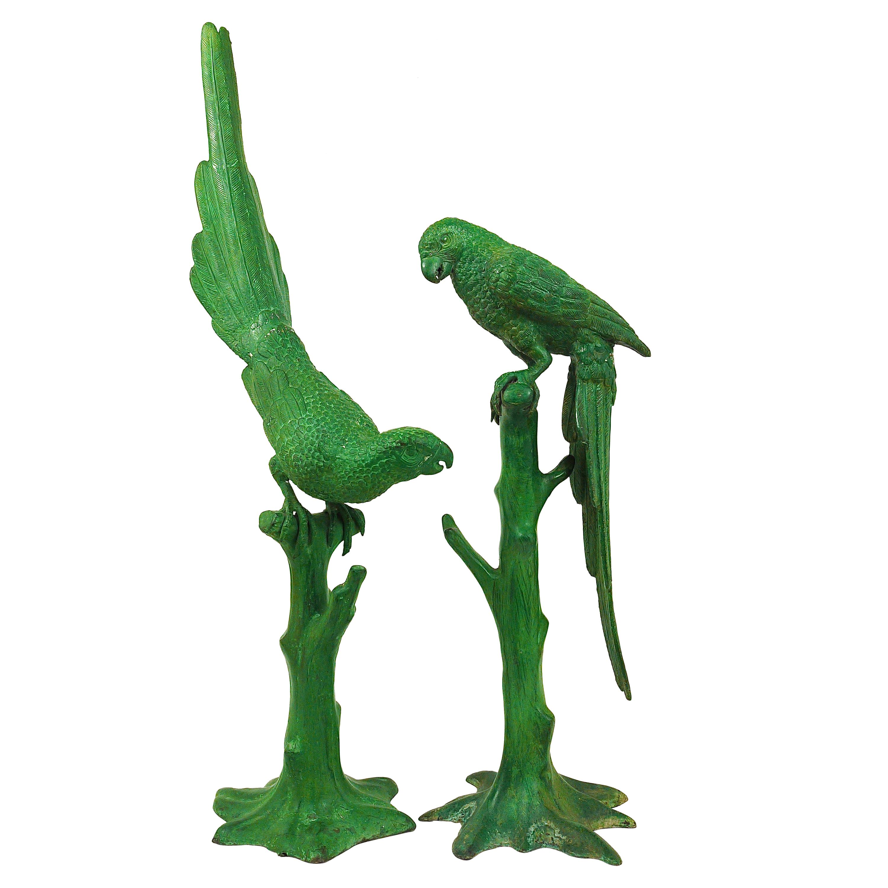 Two Large Decorative "Parrots on a Tree Branch" Bronze Sculptures, France, 1970s