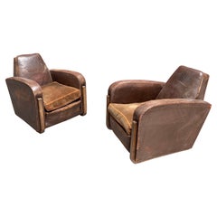 Vintage Two Large Elegant Art Deco Armchairs Covered in Leather, Sled Base, circa 1930