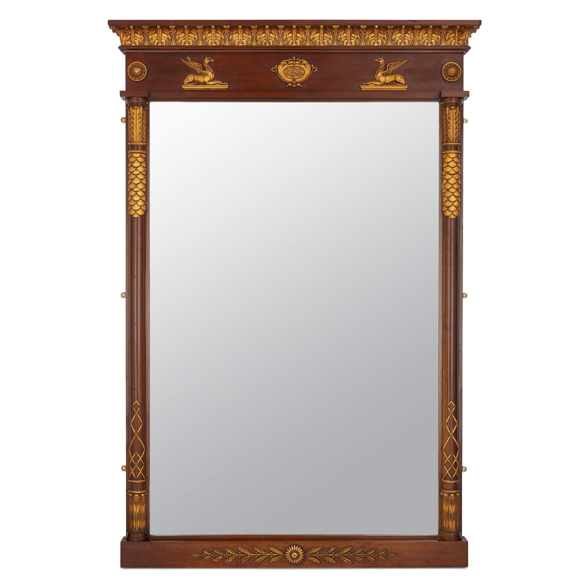 Two large English neoclassical carved wood mirrors
English, Late 19th Century
Height 229cm, width 155cm, depth 11cm

These exceptional, large Regency-style rectangular mirrors, sculpted from wood, radiate an exquisite blend of opulence and elegance.