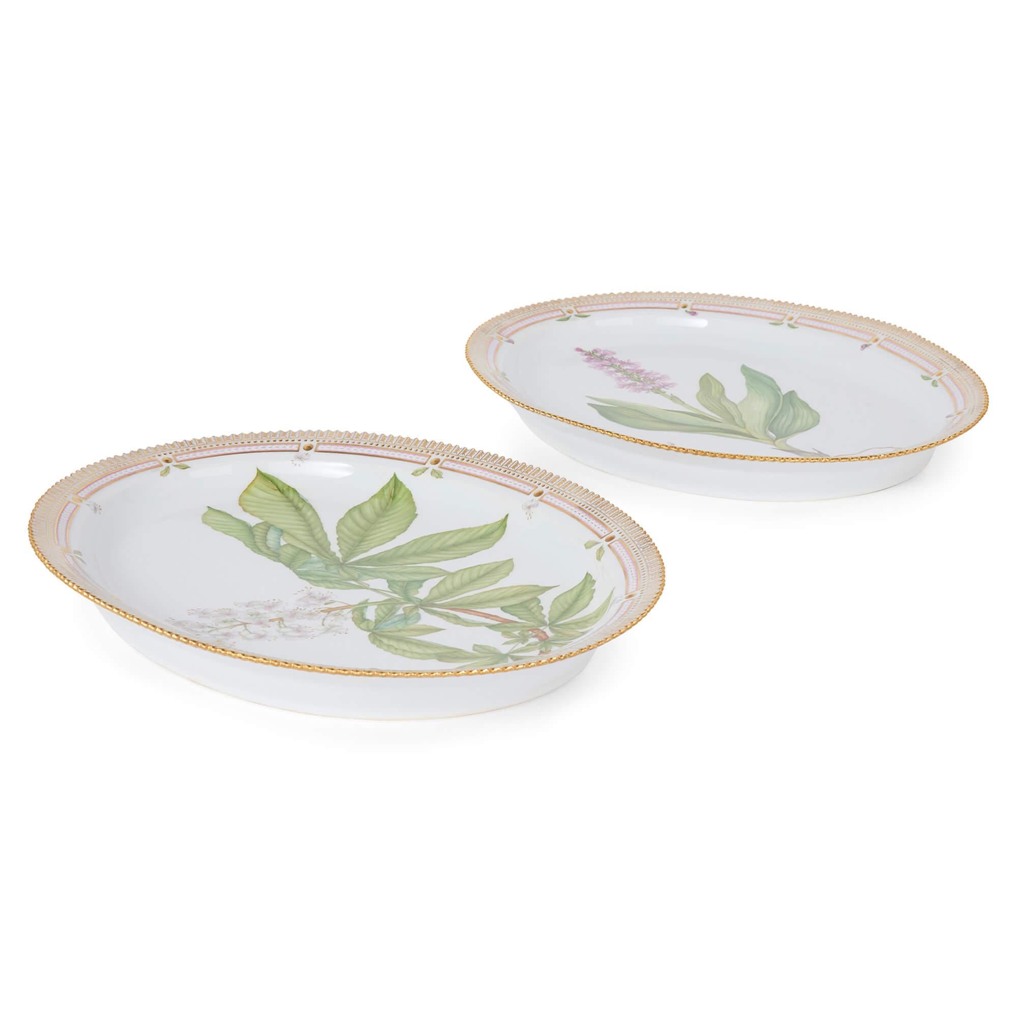 Gilt Two Large Flora Danica Danish Porcelain Royal Copenhagen Oval Platters For Sale