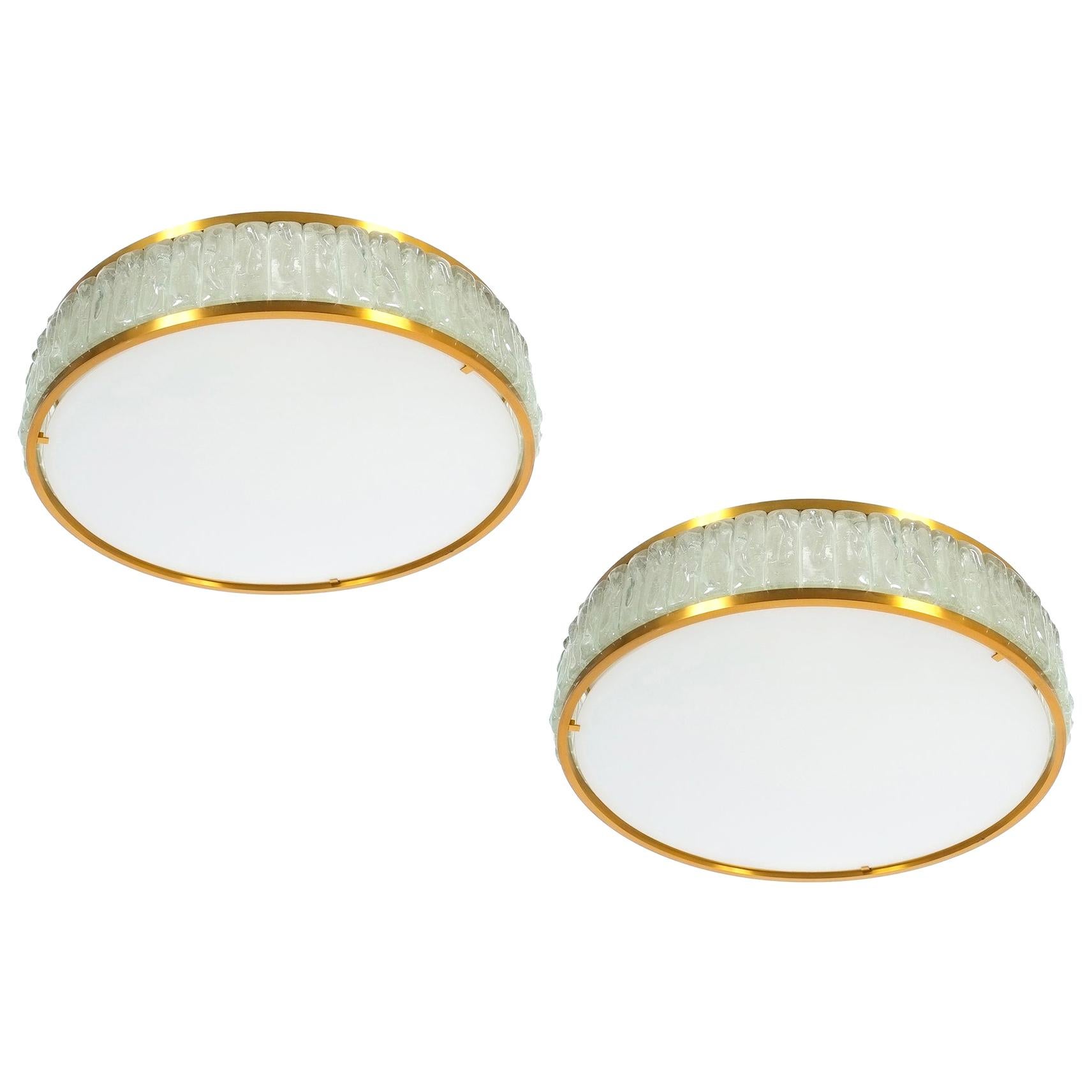 Jean Perzel Art Deco Brass and Glass Flush Mounts Lamps, France For Sale