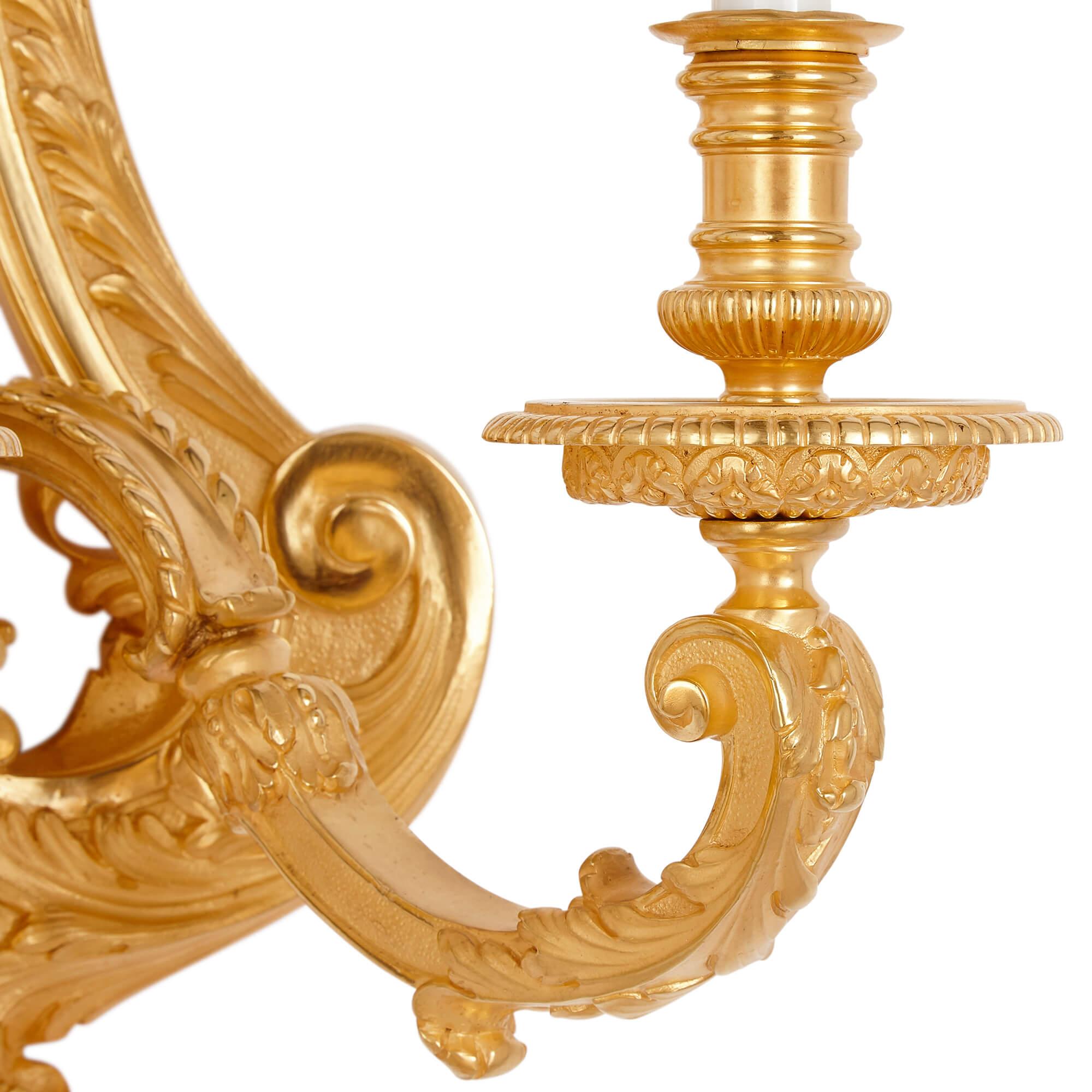 19th Century Two large French ormolu three-branch wall sconces by H. Vian For Sale