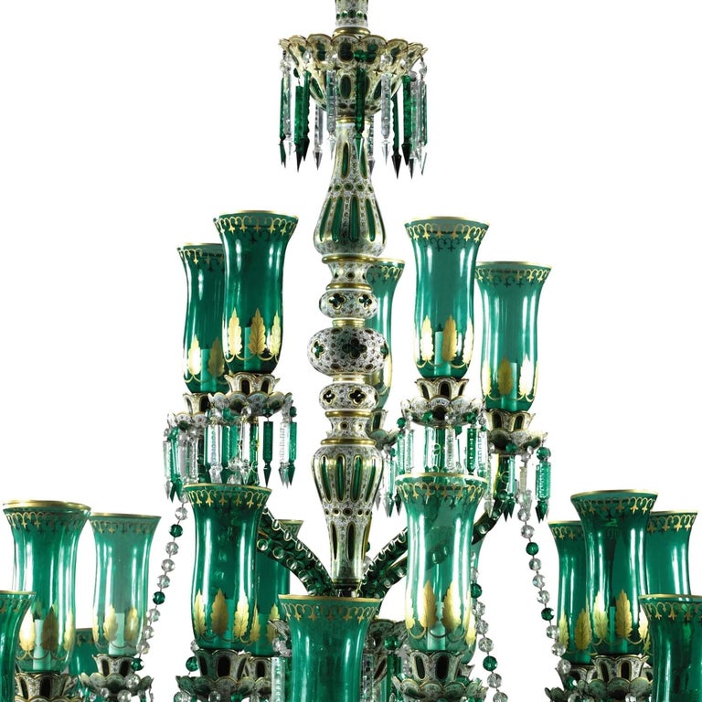 Anglo-Indian Two Large Green and Parcel Gilt Glass Chandeliers by Osler for Indian Market