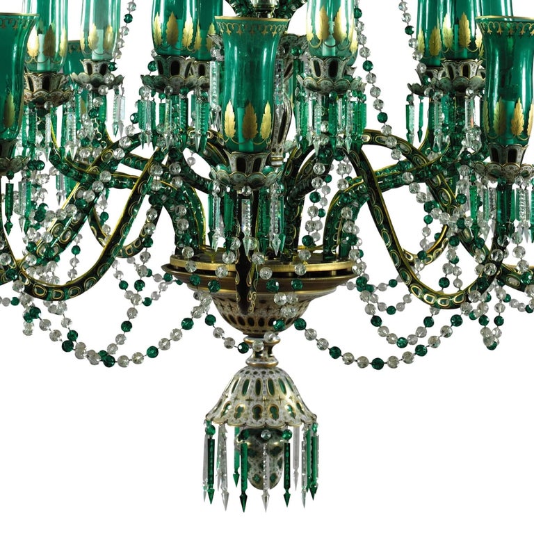 English Two Large Green and Parcel Gilt Glass Chandeliers by Osler for Indian Market