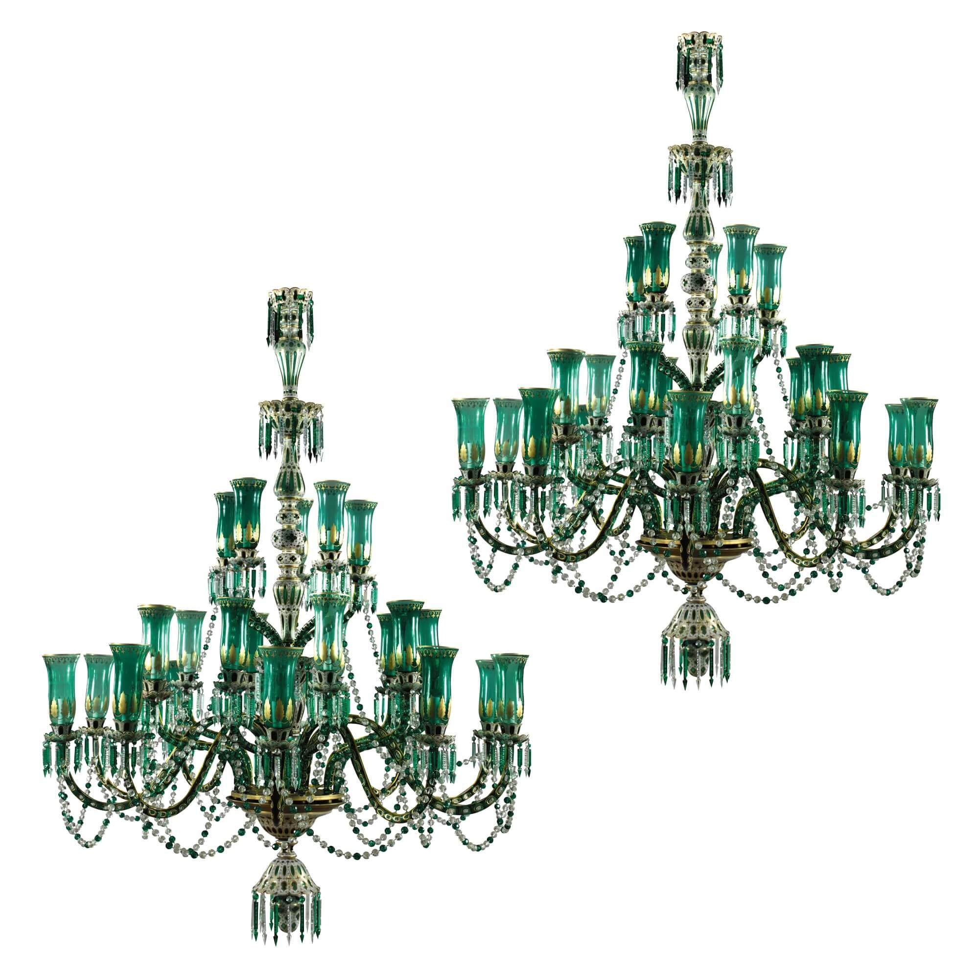 Two Large Green and Parcel Gilt Glass Chandeliers by Osler for Indian Market