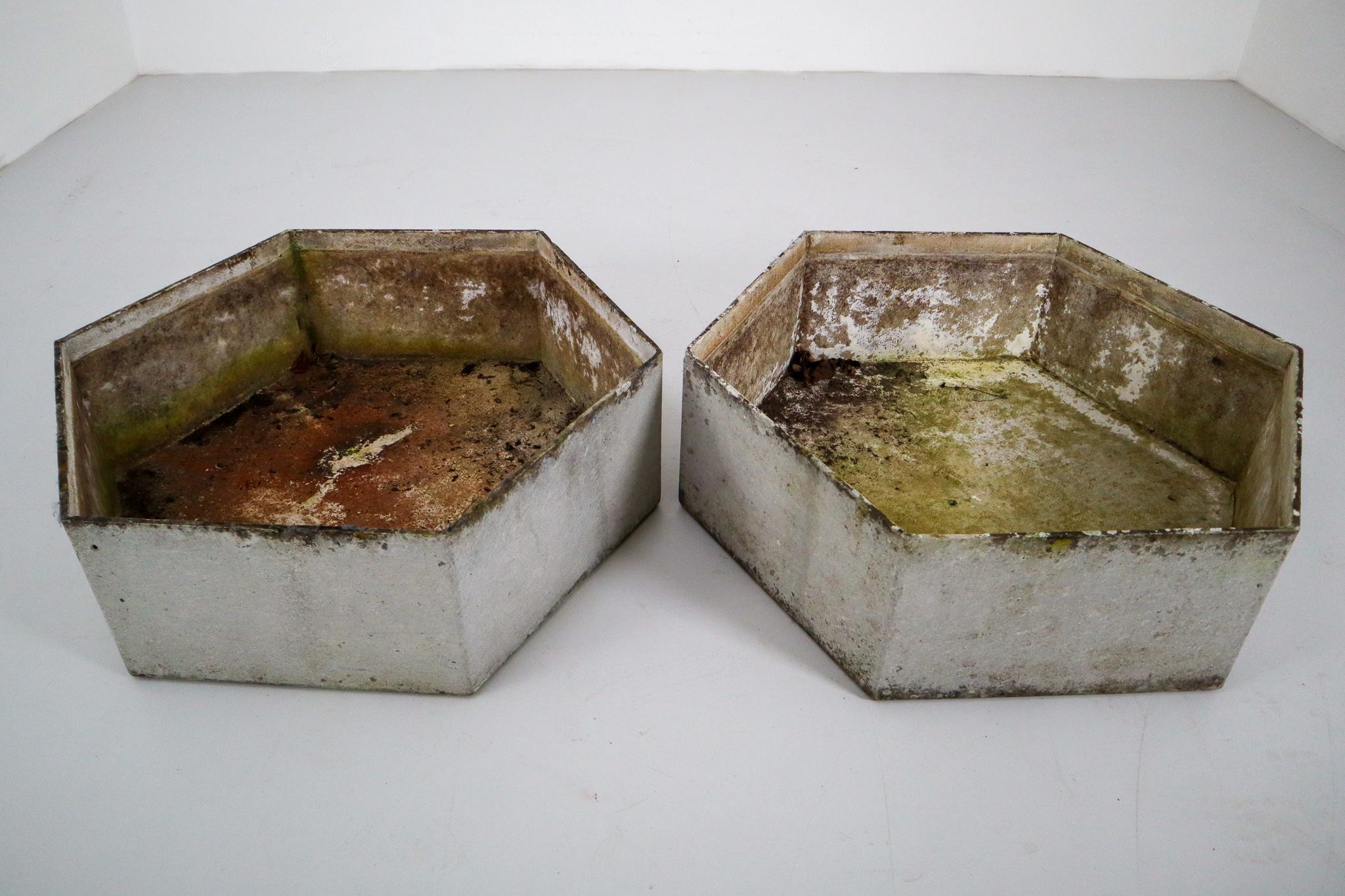 A set of two Mid-Century Modern large hexagon planters of composition stone for an indoor or outdoor garden, garden room, or terrace, designed by the iconic Willy Guhl in the early 1960s. They have a lovely naturally-weathered surface.