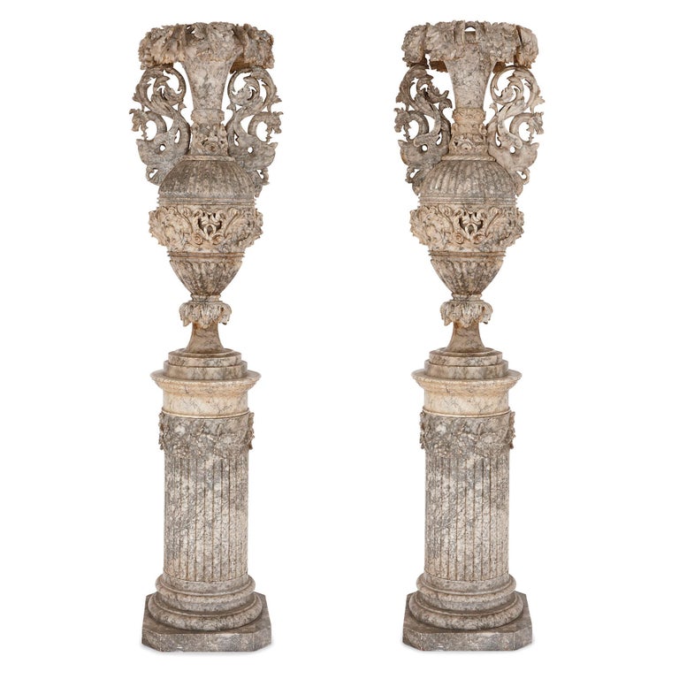 Two Large Italian Alabaster Urns on Stands For Sale at 1stdibs