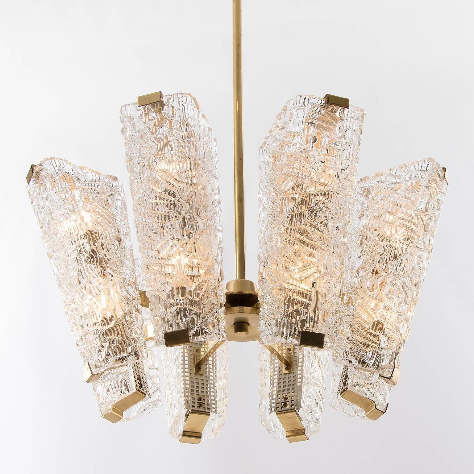 Two Large Kalmar Chandeliers, Brass and Textured Glass, 1960 3