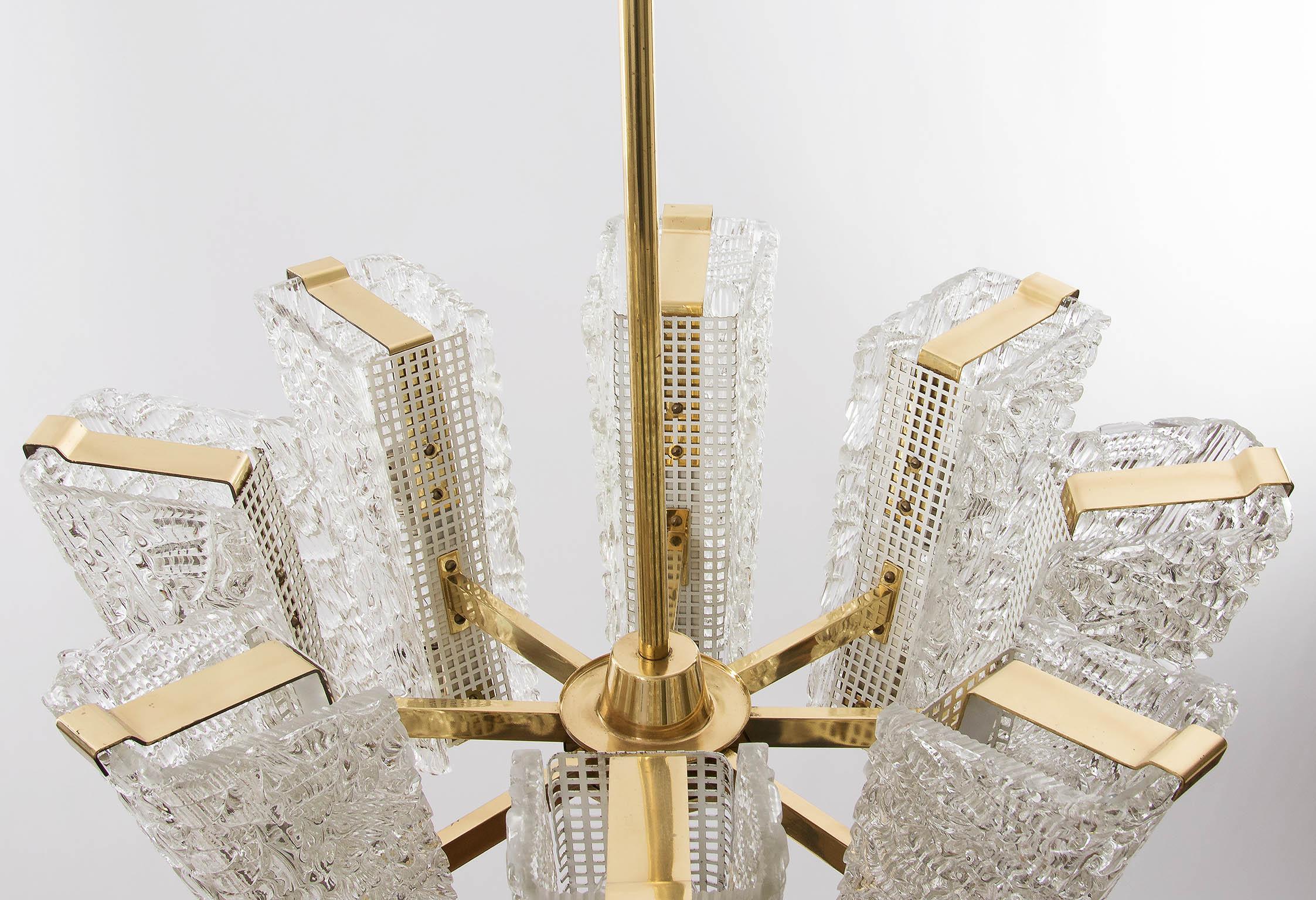 Two Large Kalmar Chandeliers, Brass and Textured Glass, 1960 6