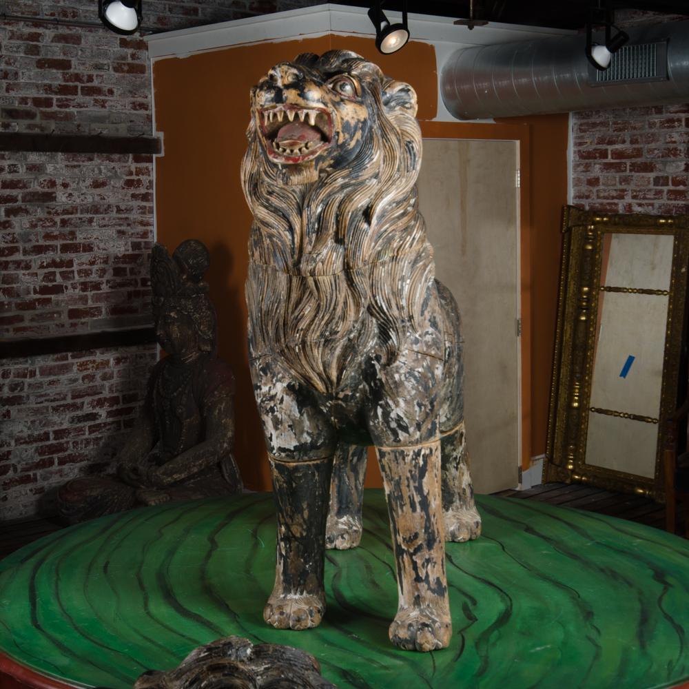 19th Century Two Large Life Sized Polychromed Lion Head Wooden Statues For Sale