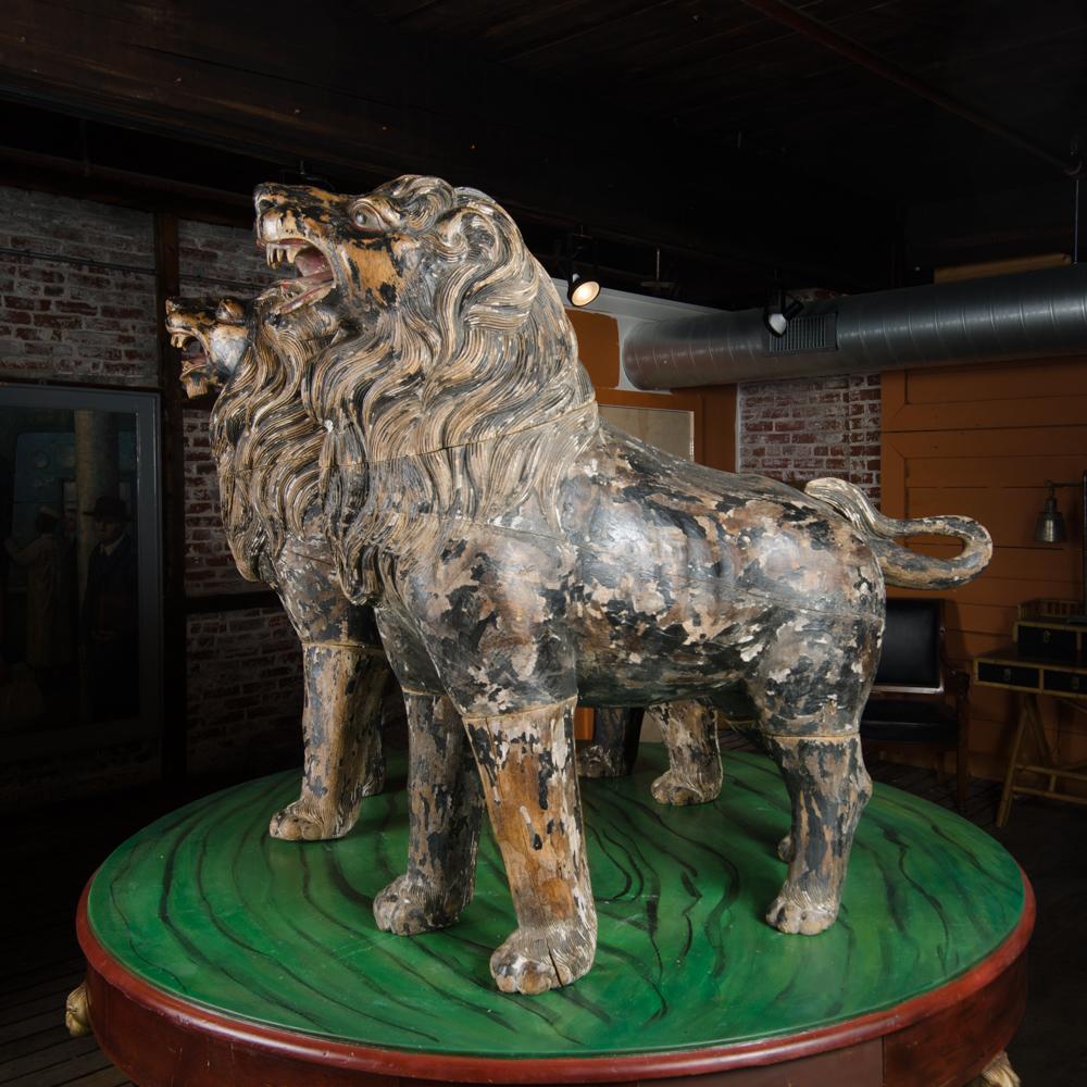 Two Large Life Sized Polychromed Lion Head Wooden Statues For Sale 2