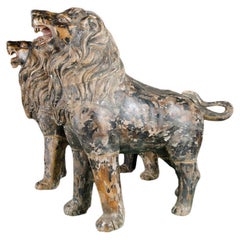 Two Large Life Sized Polychromed Lion Head Wooden Statues