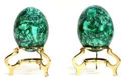 Set of Two Large Malachite Eggs on Brass Stands