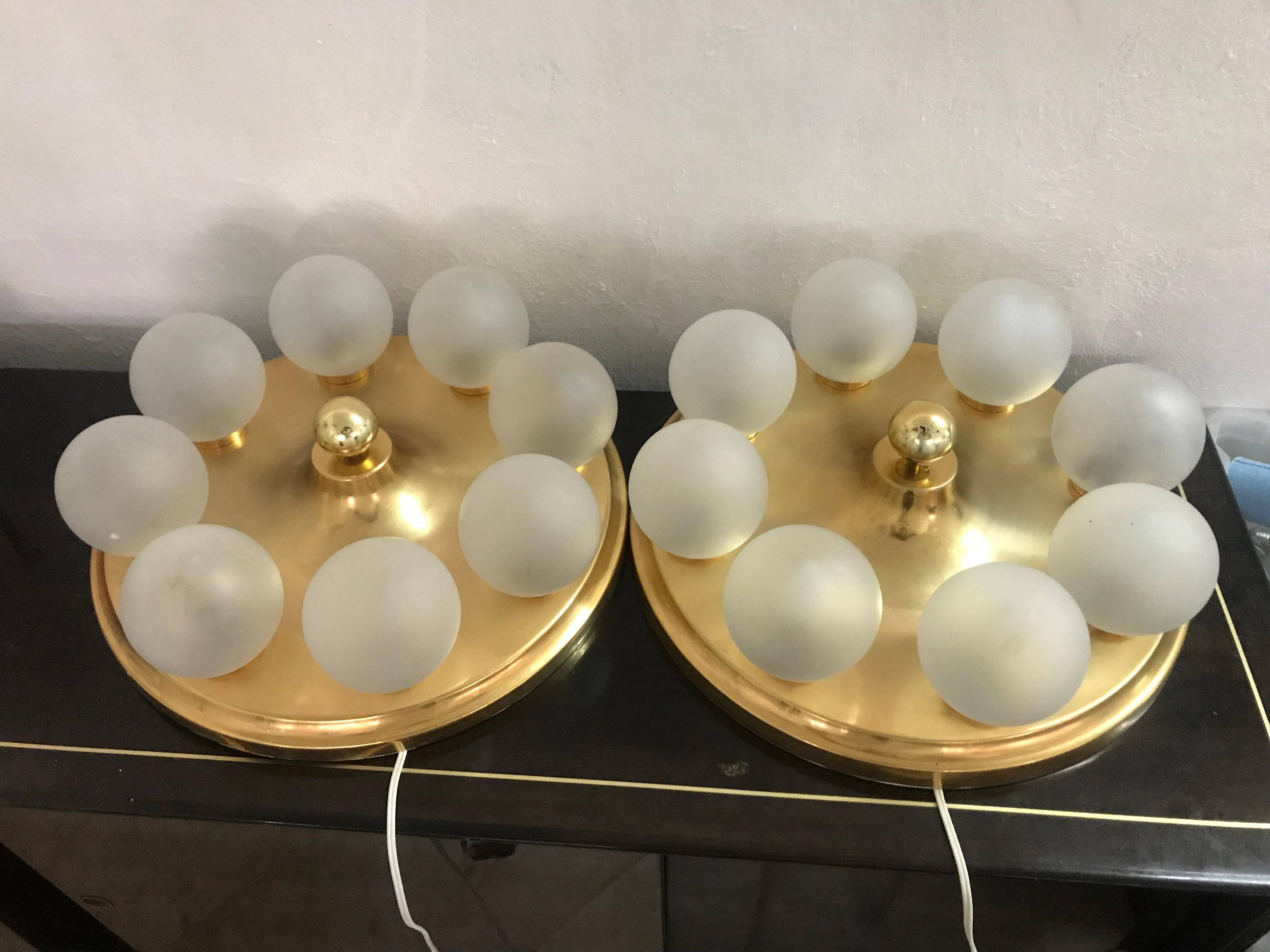Pair of large Mid-Century Modern 8 light plafonnier or flush mount by Kinkeldey, Made in Austria, circa 1970, still retaining the original Label and in great vintage condition.
Priced individually.