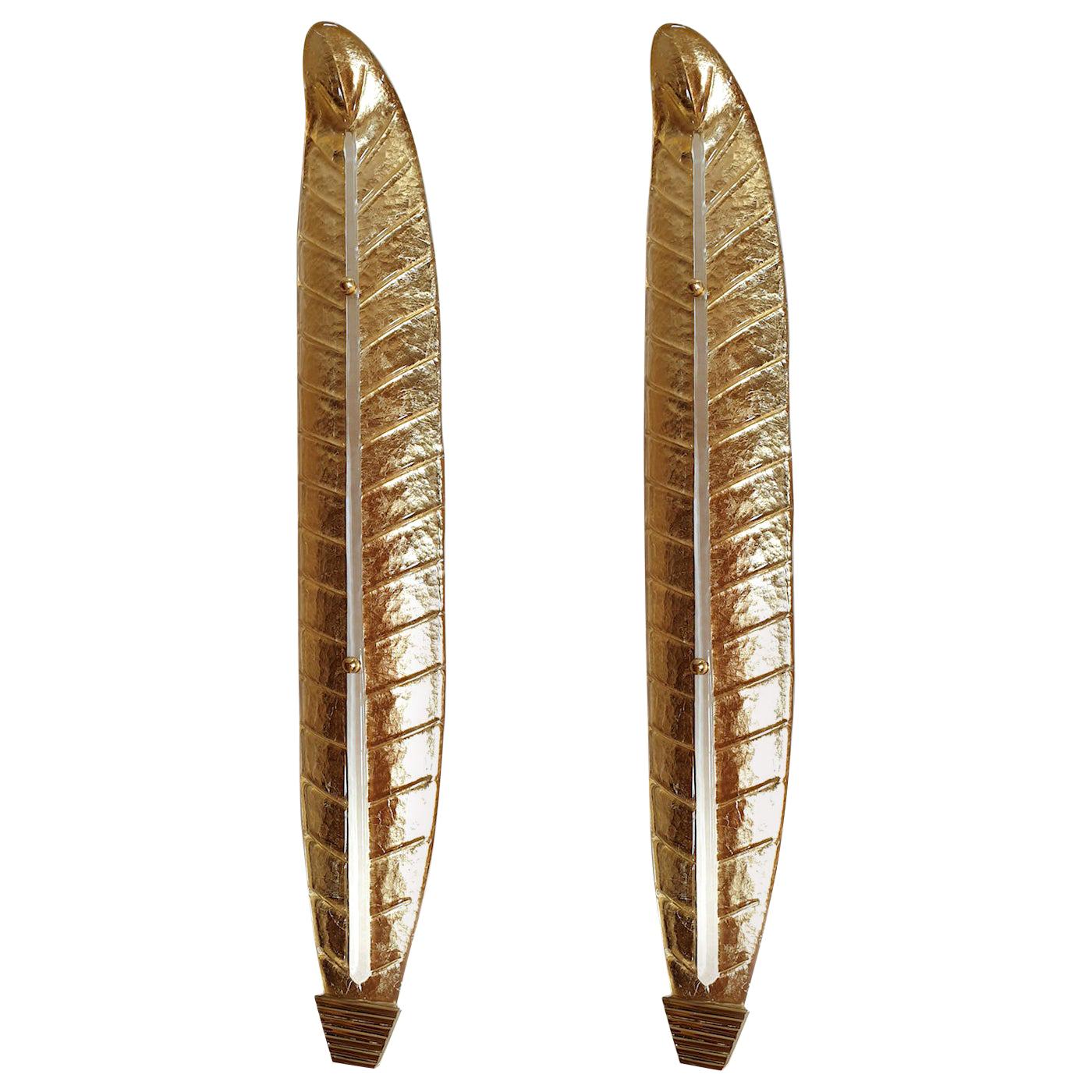 Two Large Mid-Century Modern Murano Glass Gold Leaf Sconces, Barovier Style 1970