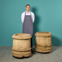 Two Large Reclaimed Carved Limestone Pots