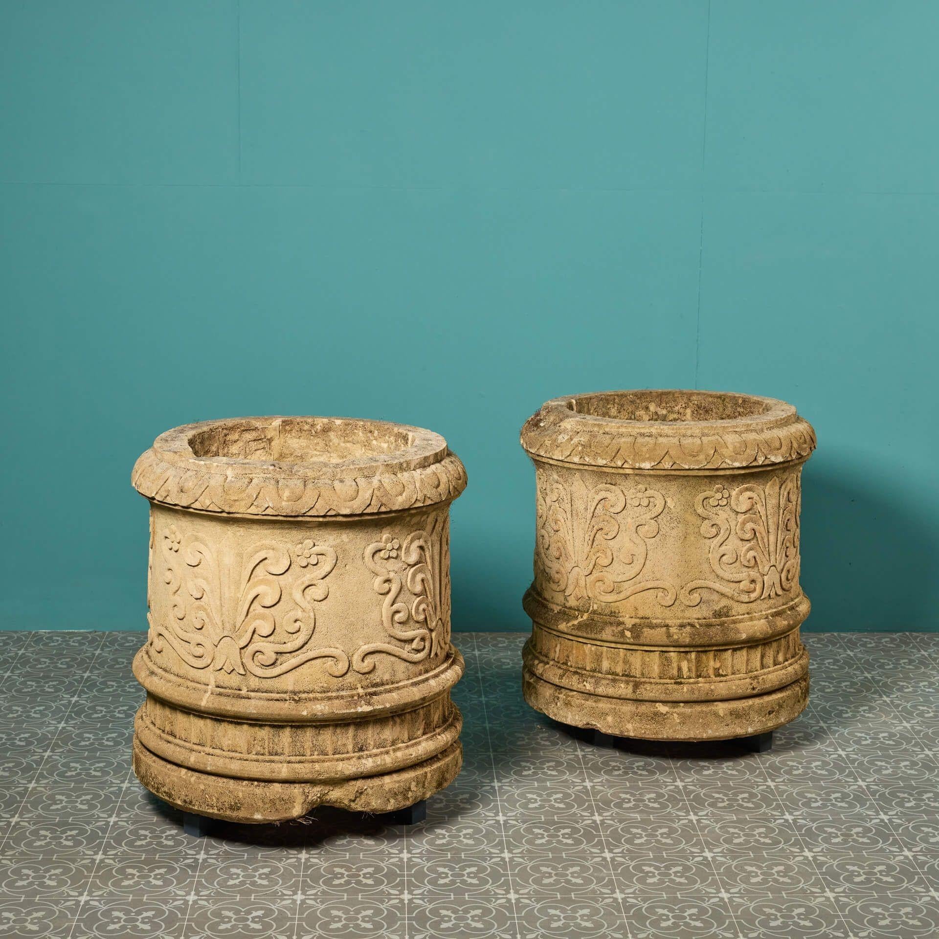 Two Large Reclaimed Carved Limestone Pots In Fair Condition For Sale In Wormelow, Herefordshire