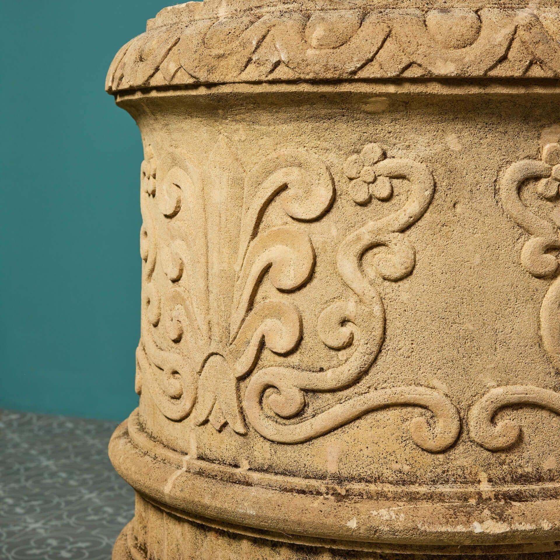 20th Century Two Large Reclaimed Carved Limestone Pots For Sale