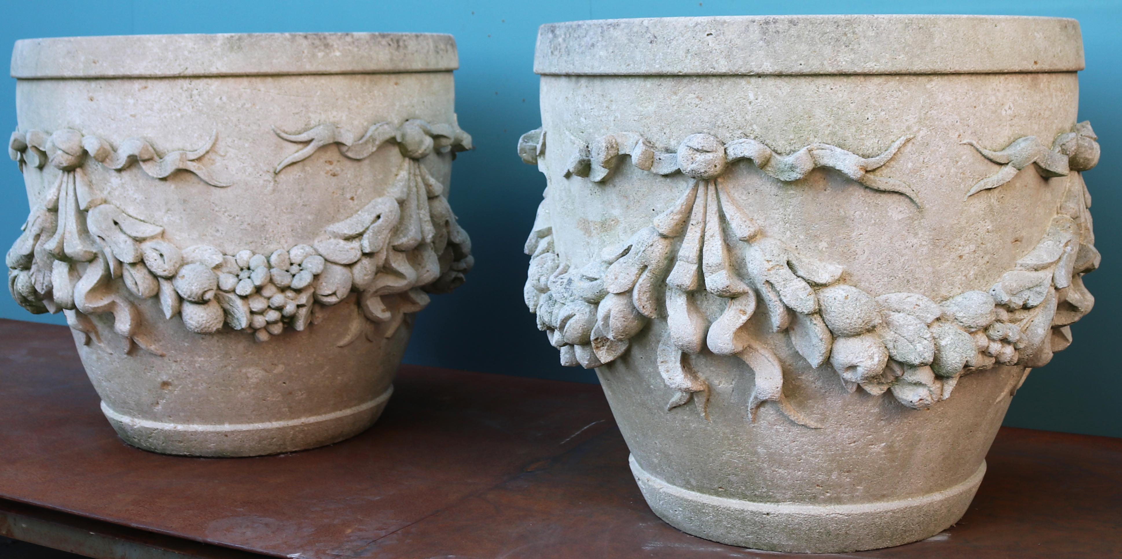 English Two Large Reclaimed Limestone Garden Planters