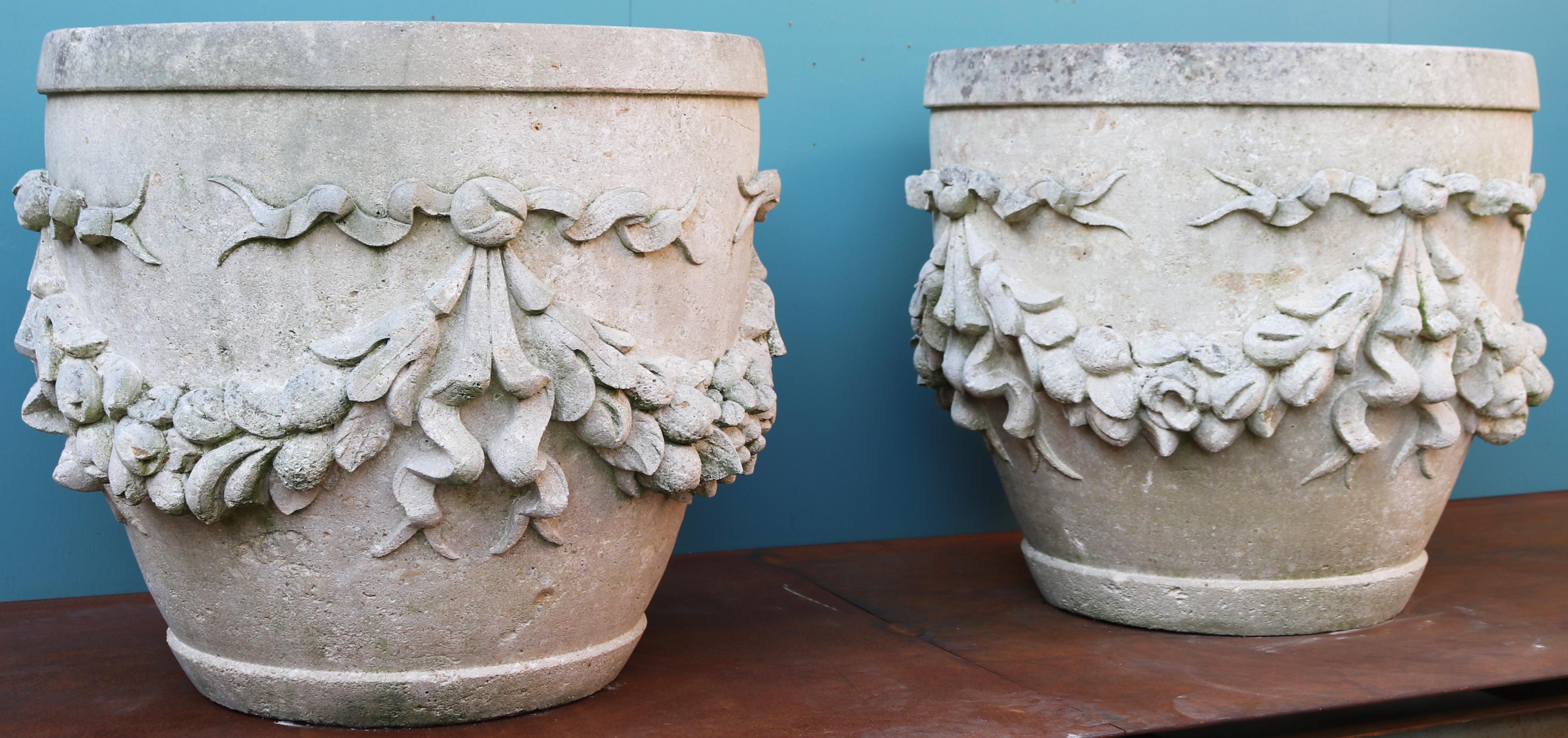 Two Large Reclaimed Limestone Garden Planters In Fair Condition In Wormelow, Herefordshire