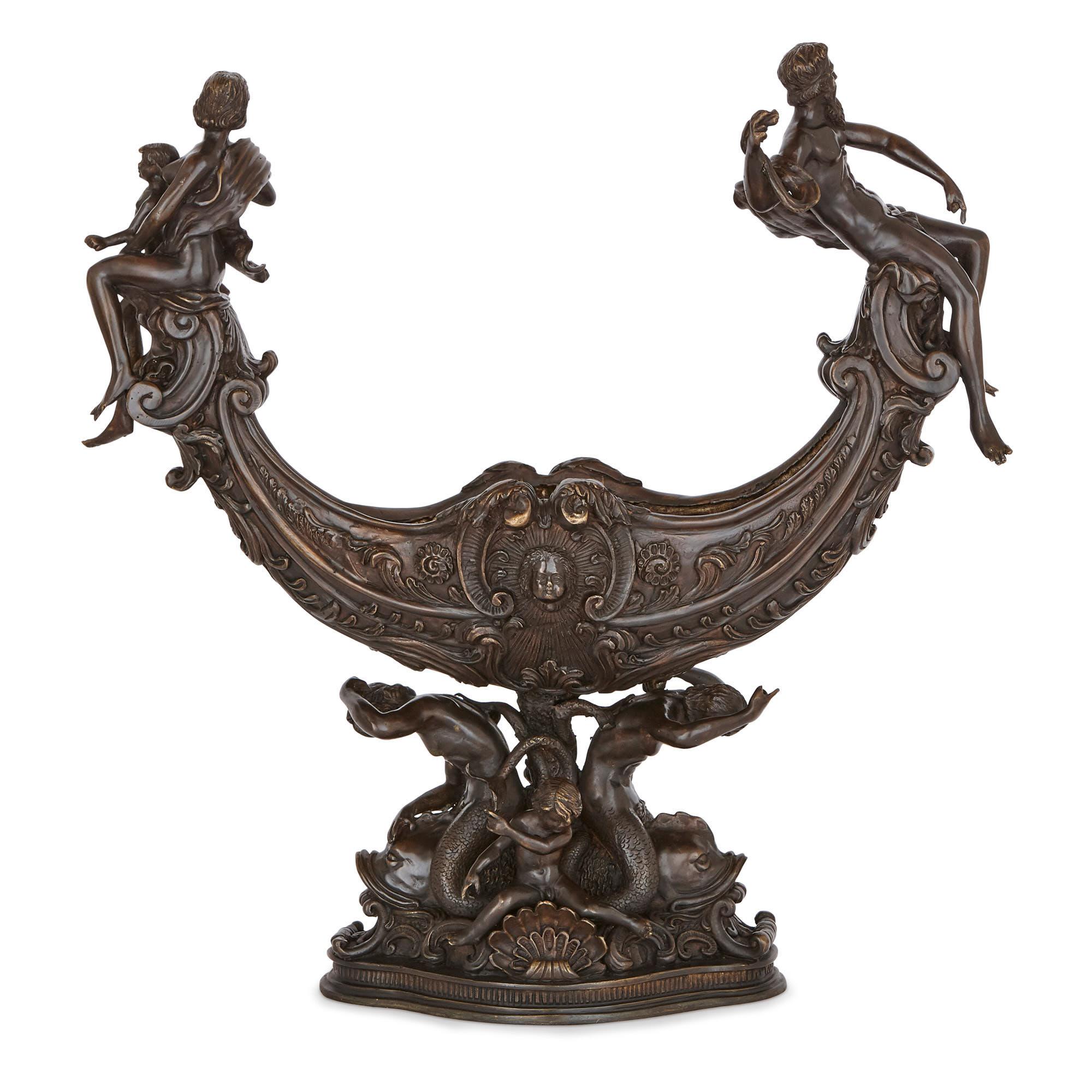 Italian Two large Renaissance style bronzed metal centrepiece garniture For Sale
