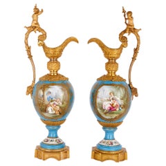 Antique Two Large Rococo Style Porcelain and Gilt Bronze Jugs
