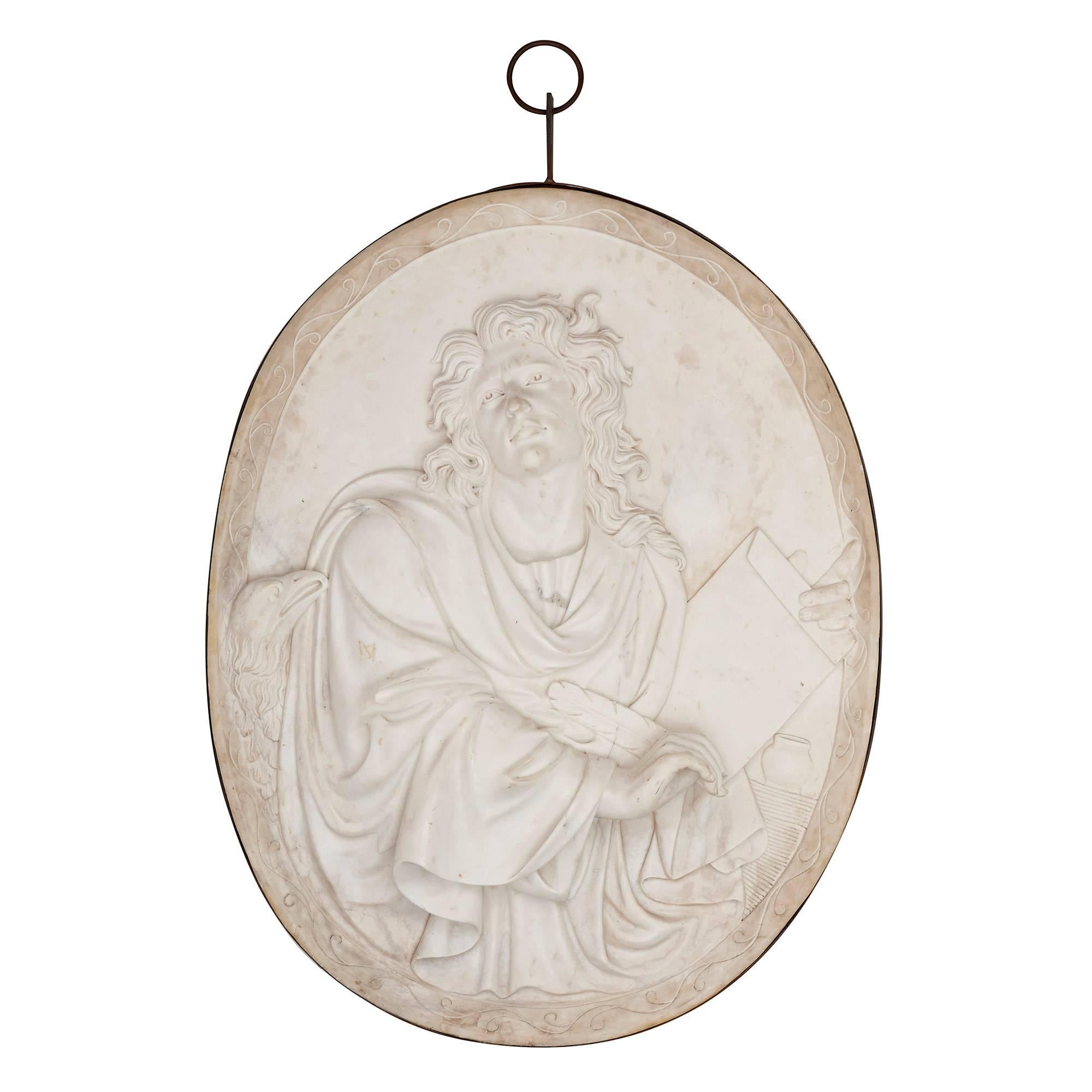 These exquisitely carved marble relief plaques, are notable for their large size and fine detailing, and were made after two famous plaques of the Baroque period, which can now be seen in the Louvre Museum, Paris. Both of the plaques - which likely