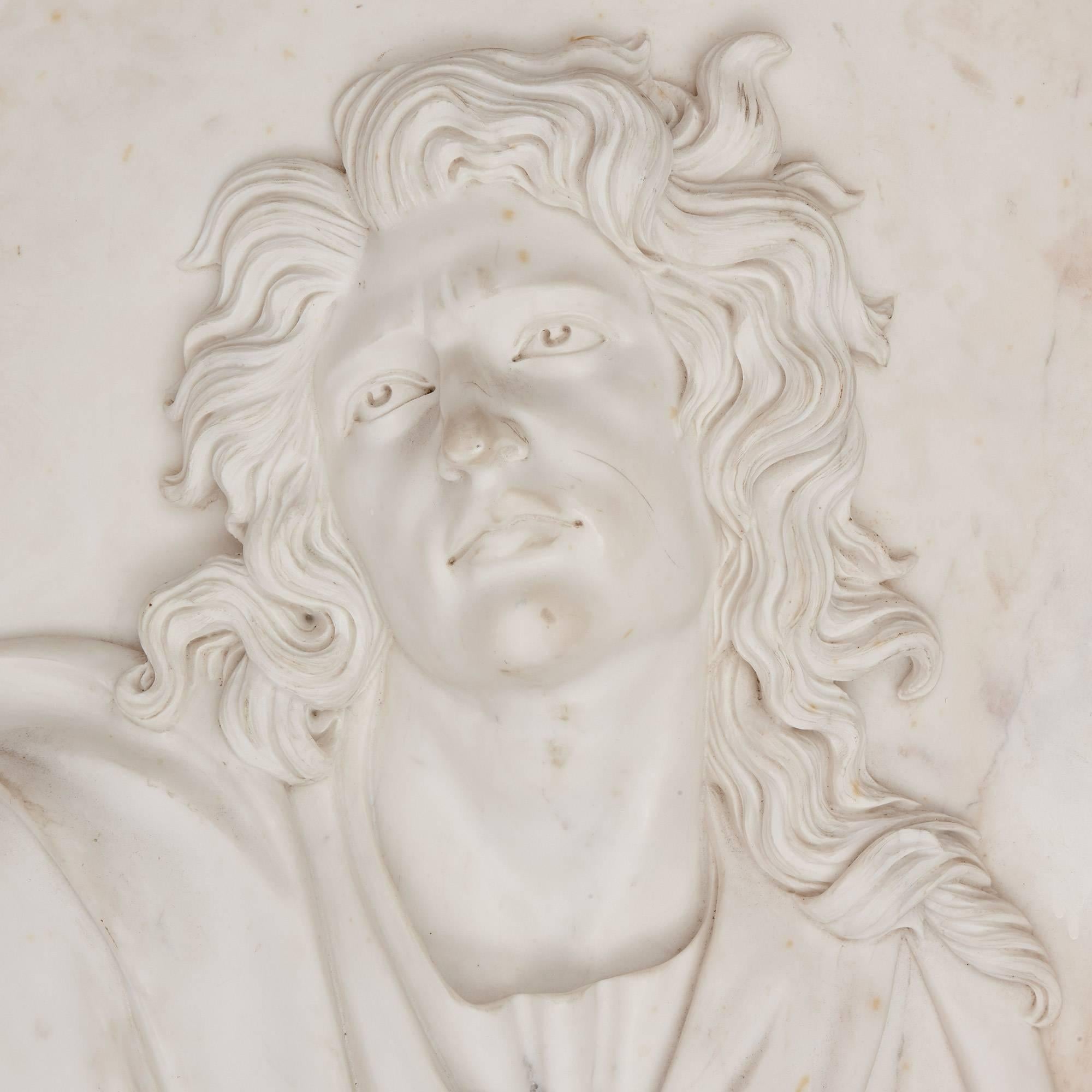 Two Large Sculpted Marble Relief Plaques of St John and St James For Sale 1