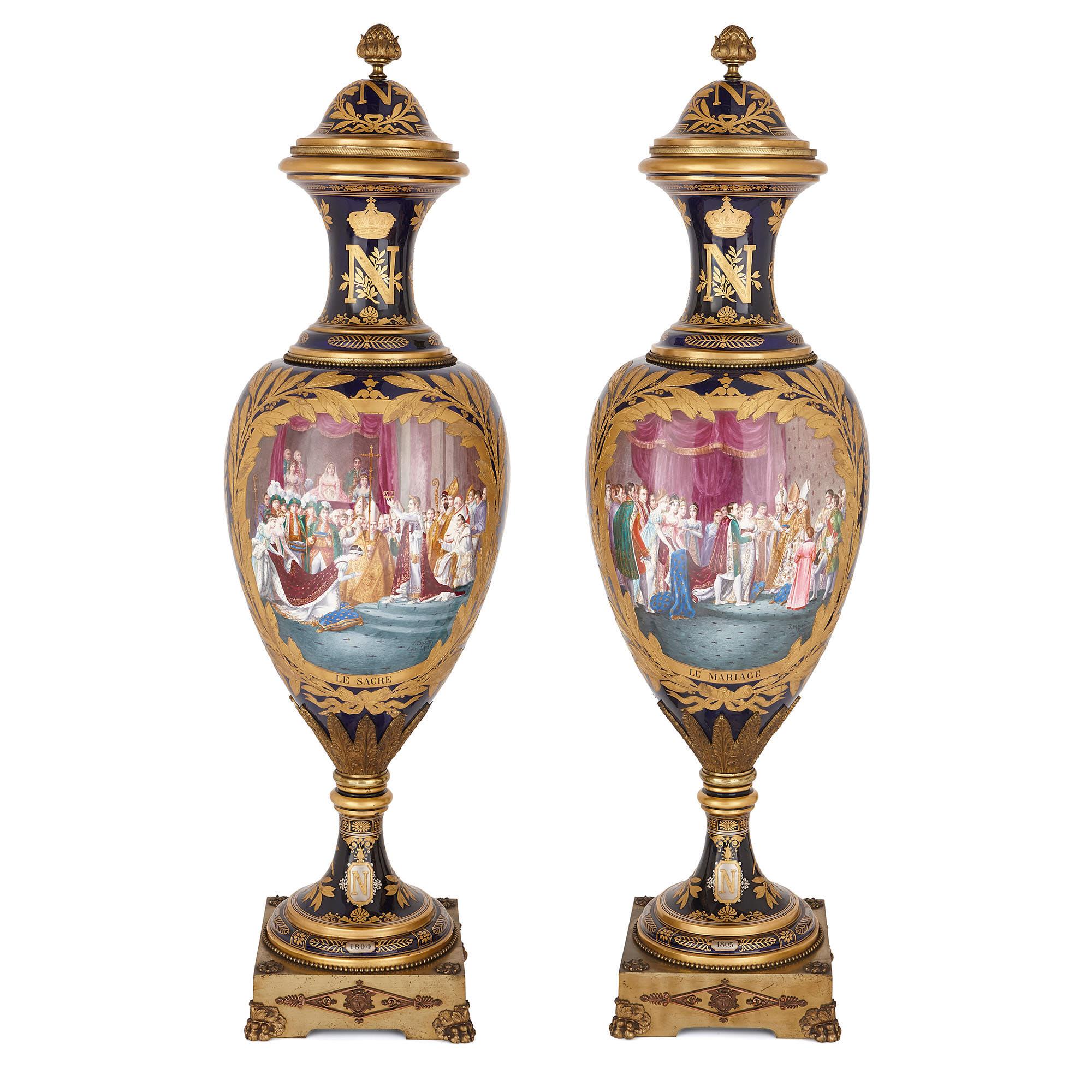 These exquisite painted porcelain vases were crafted in the late 19th century in France. They have been styled in the image 18th century Sèvres Porcelain, which continued to be very fashionable in Europe in this period. 

The oval-bodied porcelain