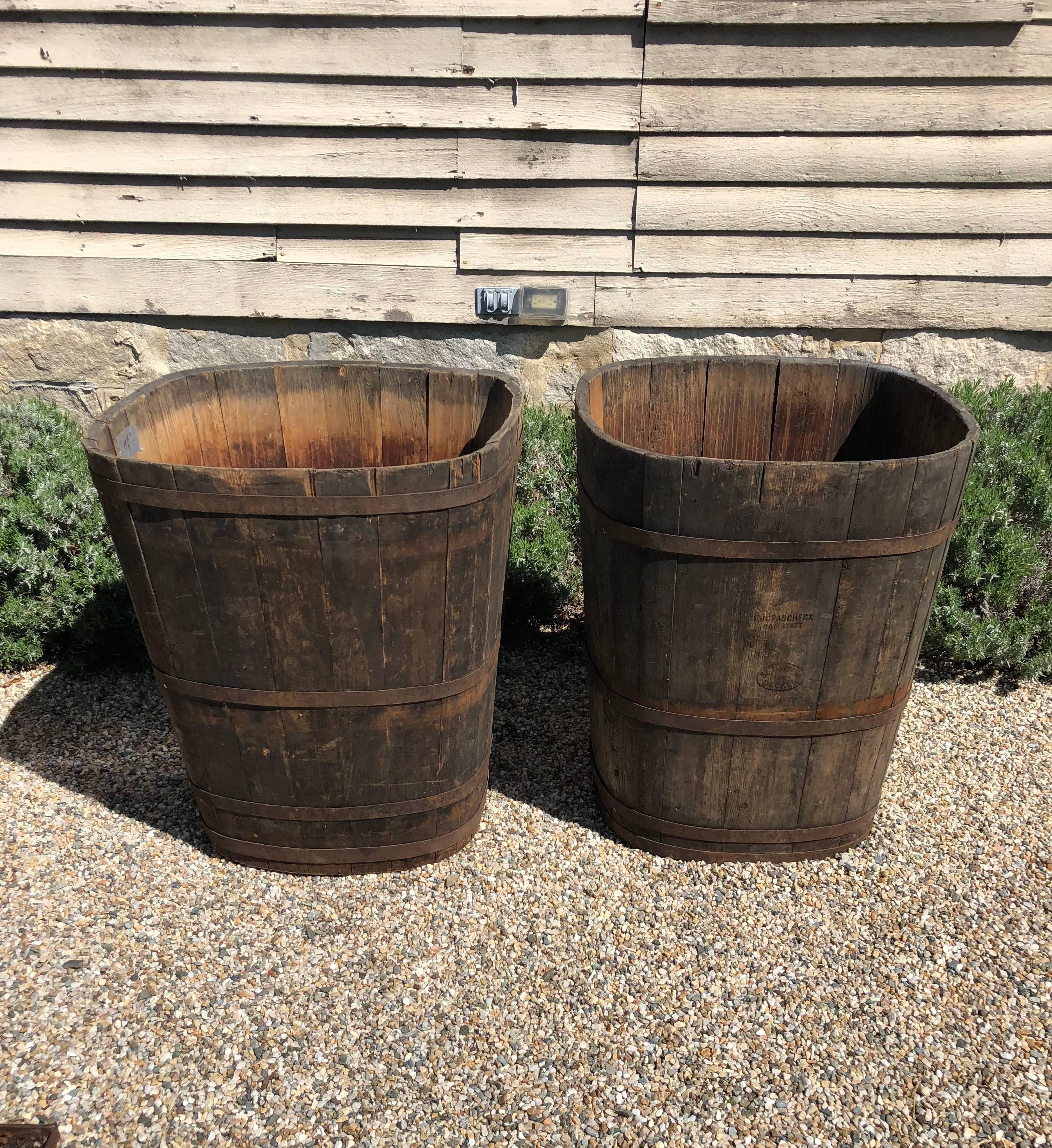 On one of our recent buying trips, we were fortunate enough to source four pairs of very large wooden tubs that were used as Master Collection Vessels for the grape harvest in Alsace. At least one in each pair is stamped by its maker, 