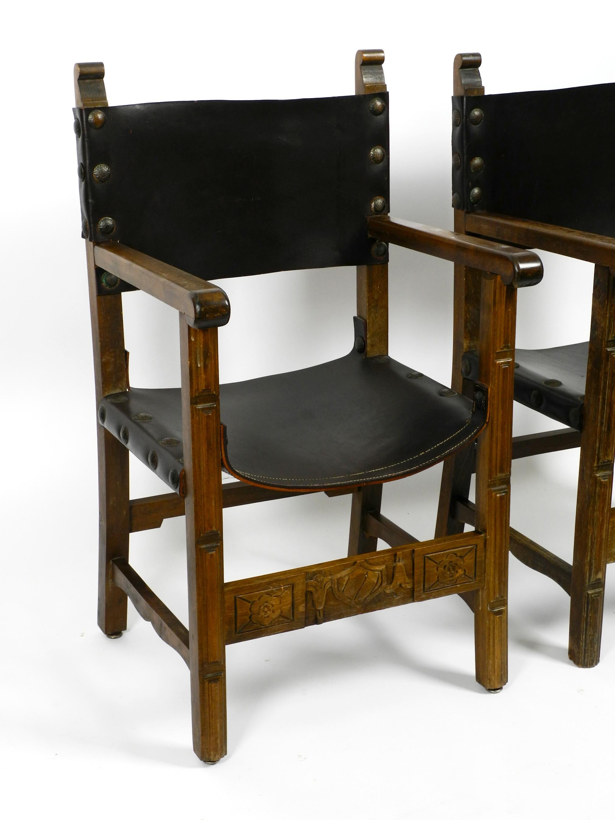 Two Large Spanish 1930s Knights Armchairs Made of Solid Wood and Core Leather 6