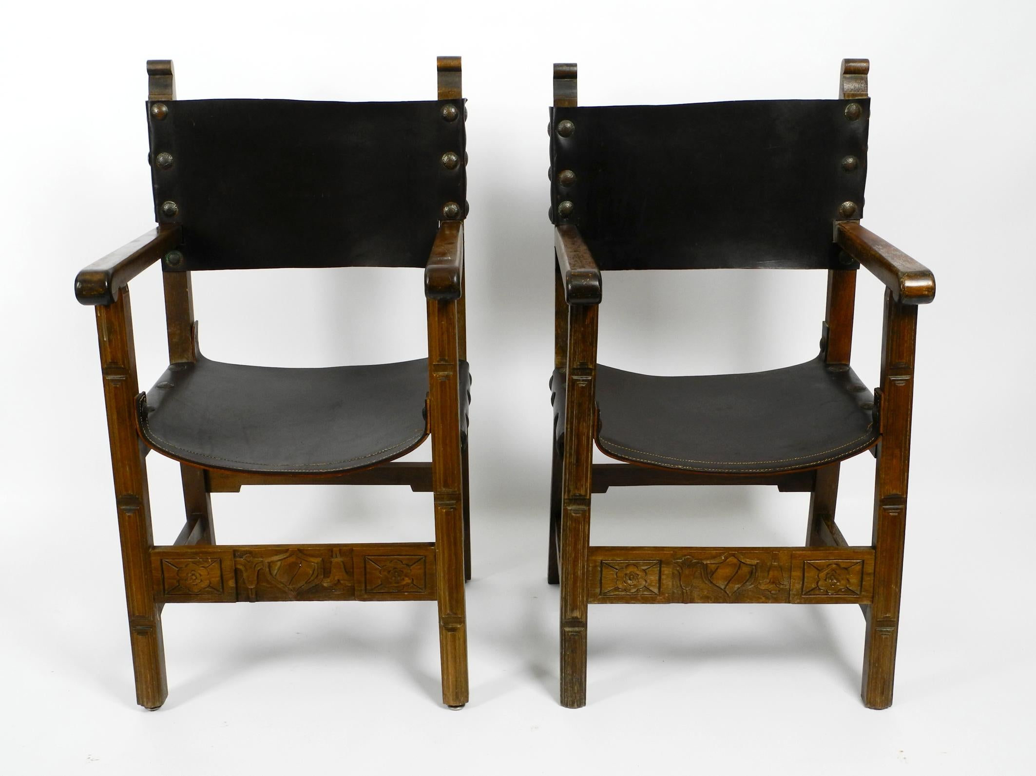 Two Large Spanish 1930s Knights Armchairs Made of Solid Wood and Core Leather 15
