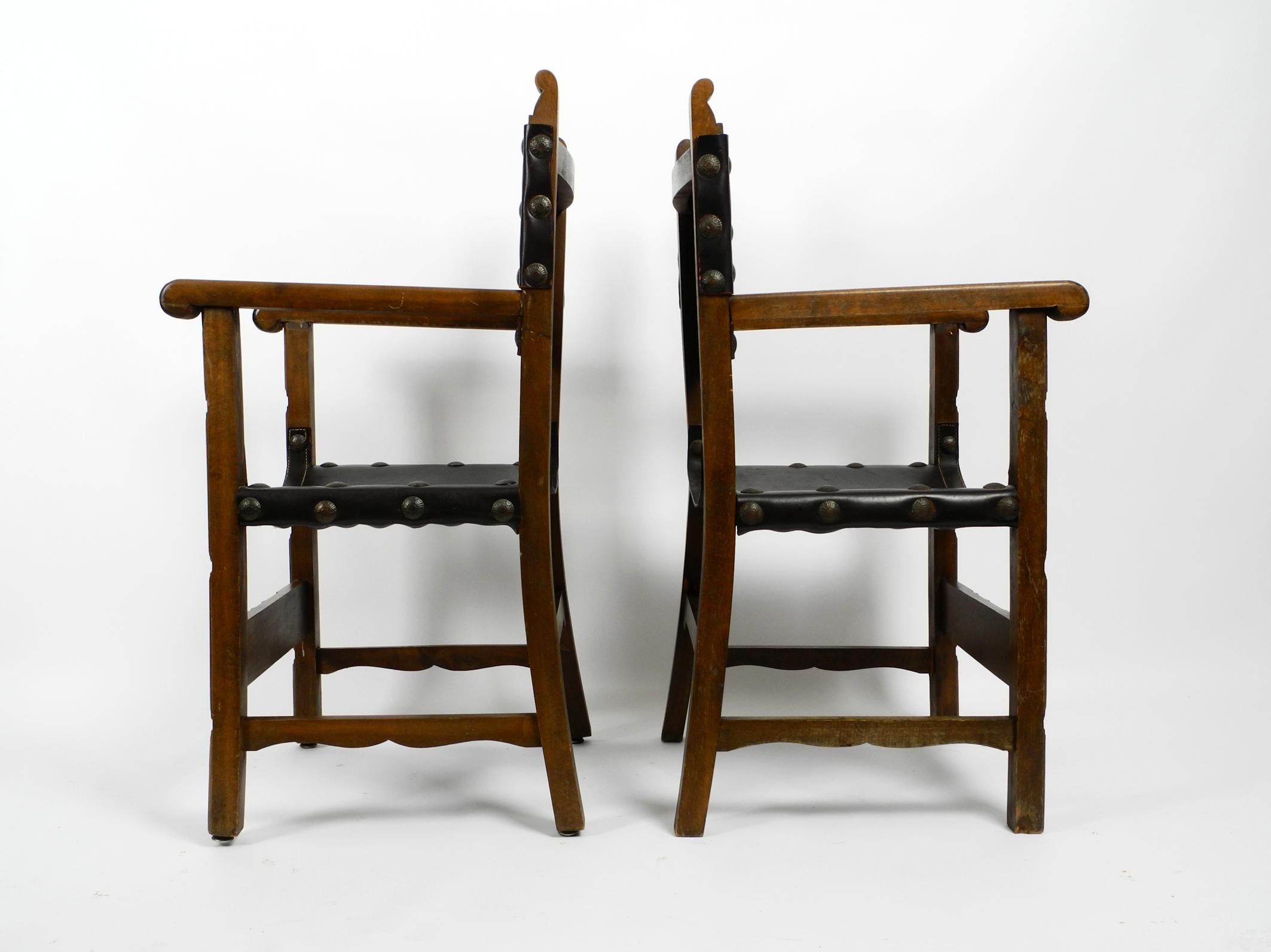 Rustic Two Large Spanish 1930s Knights Armchairs Made of Solid Wood and Core Leather