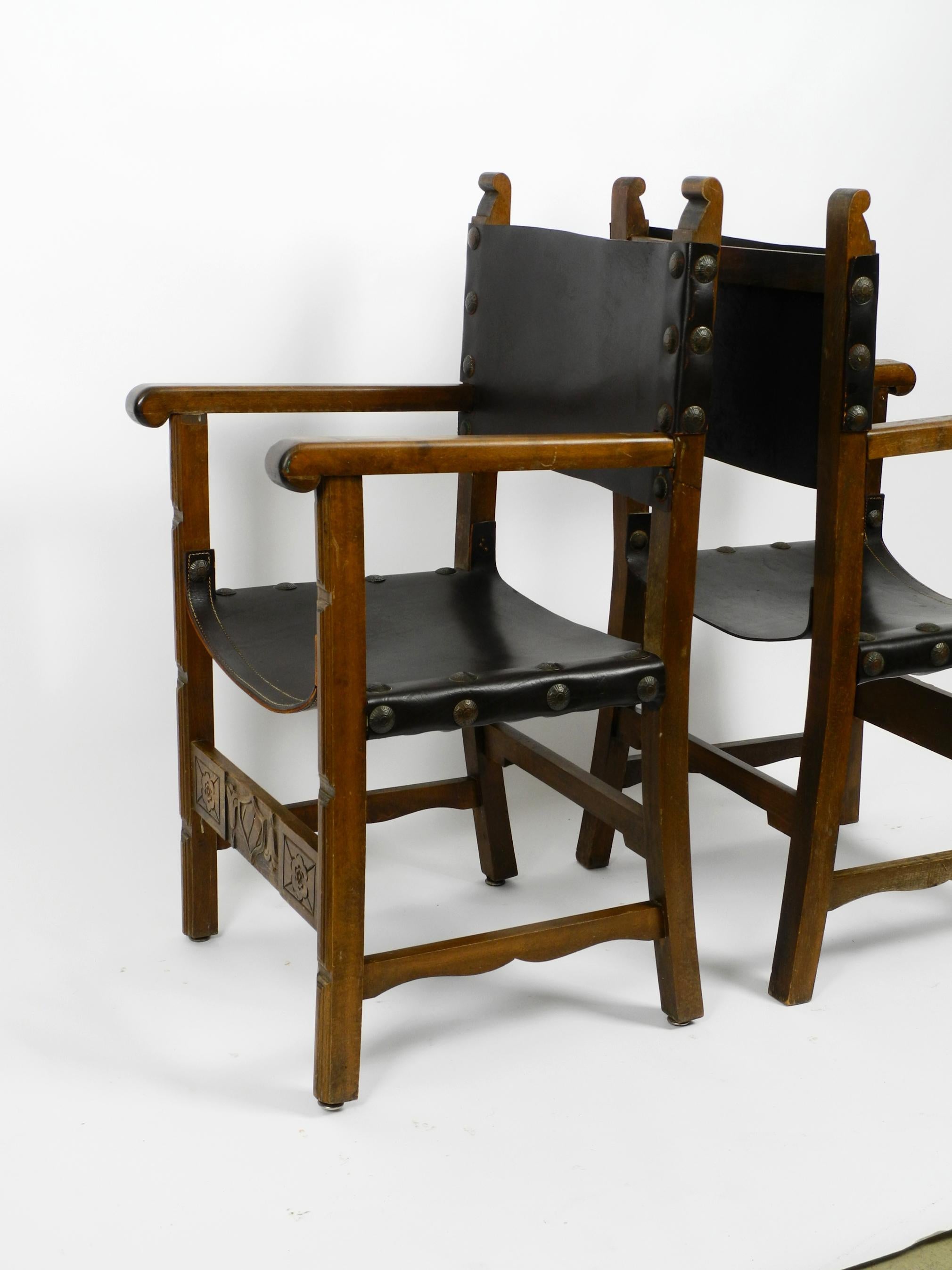 Mid-20th Century Two Large Spanish 1930s Knights Armchairs Made of Solid Wood and Core Leather