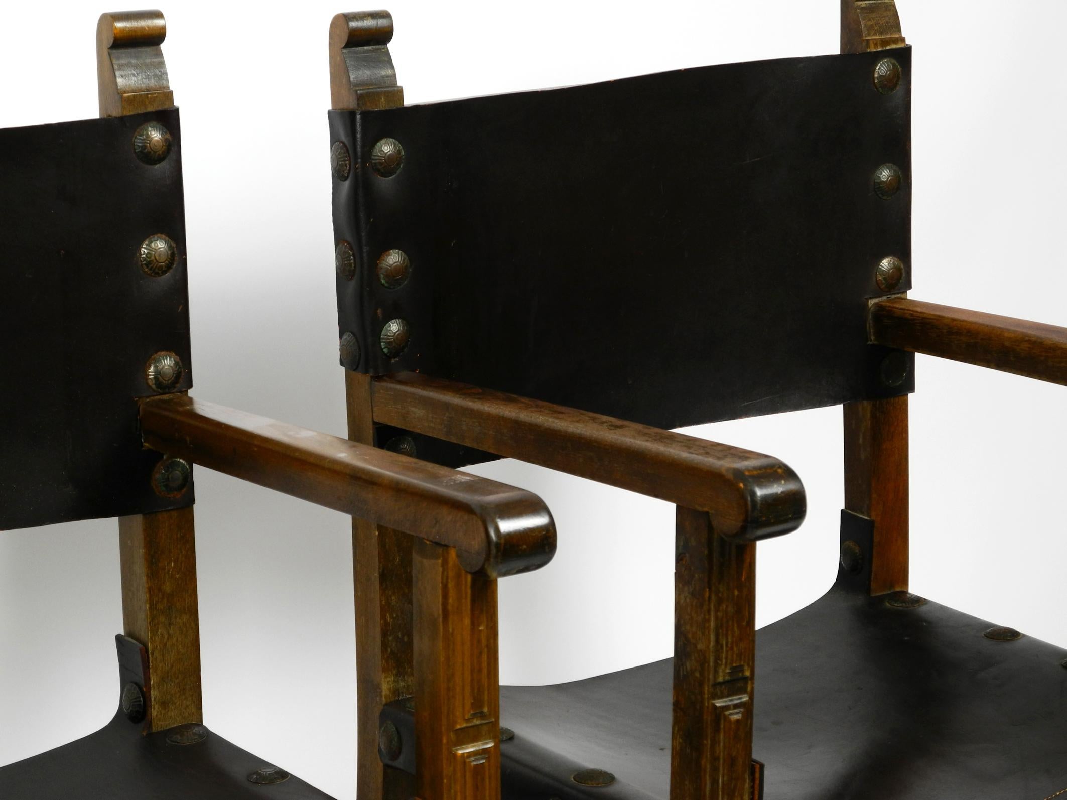 Two Large Spanish 1930s Knights Armchairs Made of Solid Wood and Core Leather 1