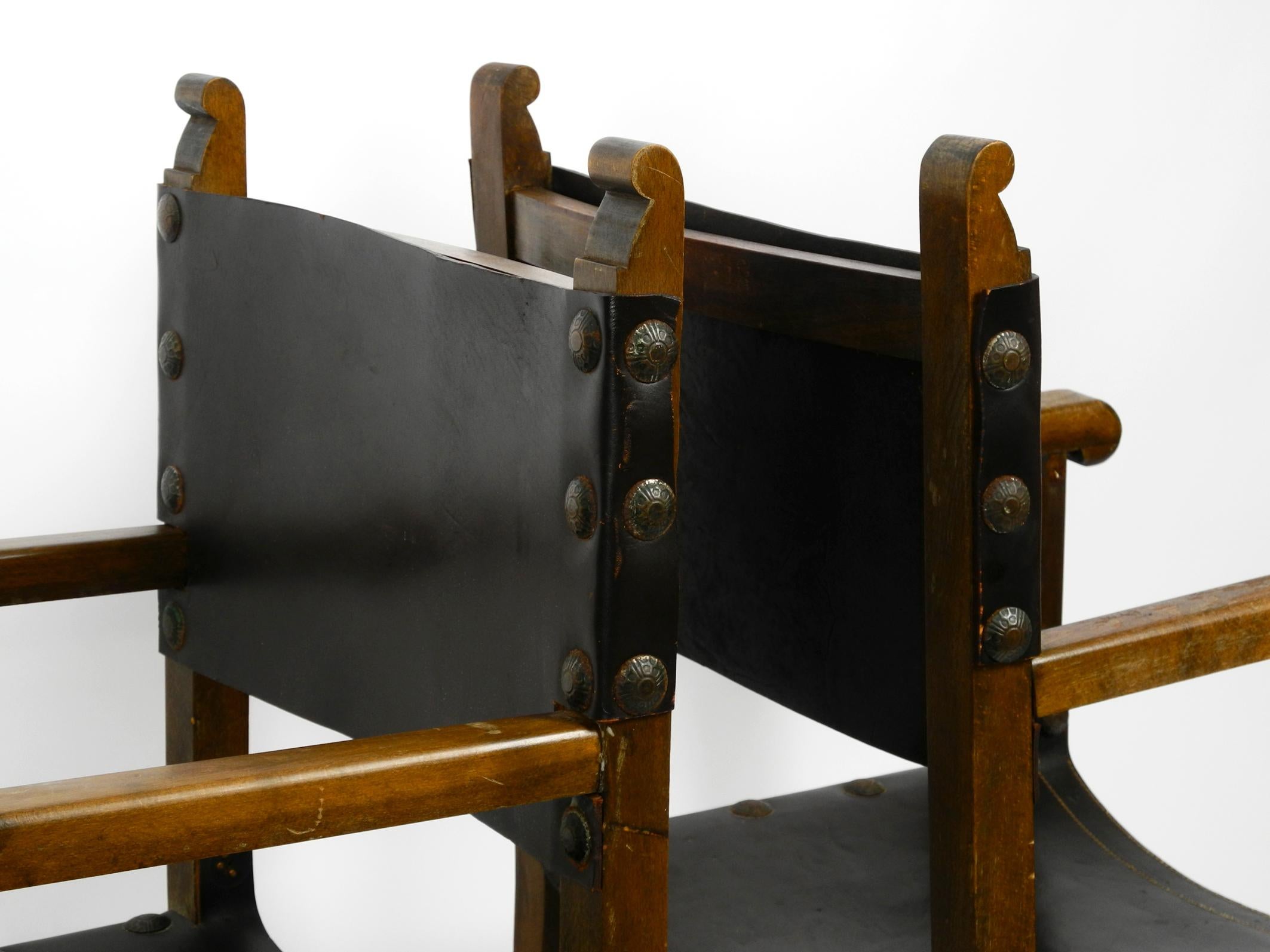 Two Large Spanish 1930s Knights Armchairs Made of Solid Wood and Core Leather 2