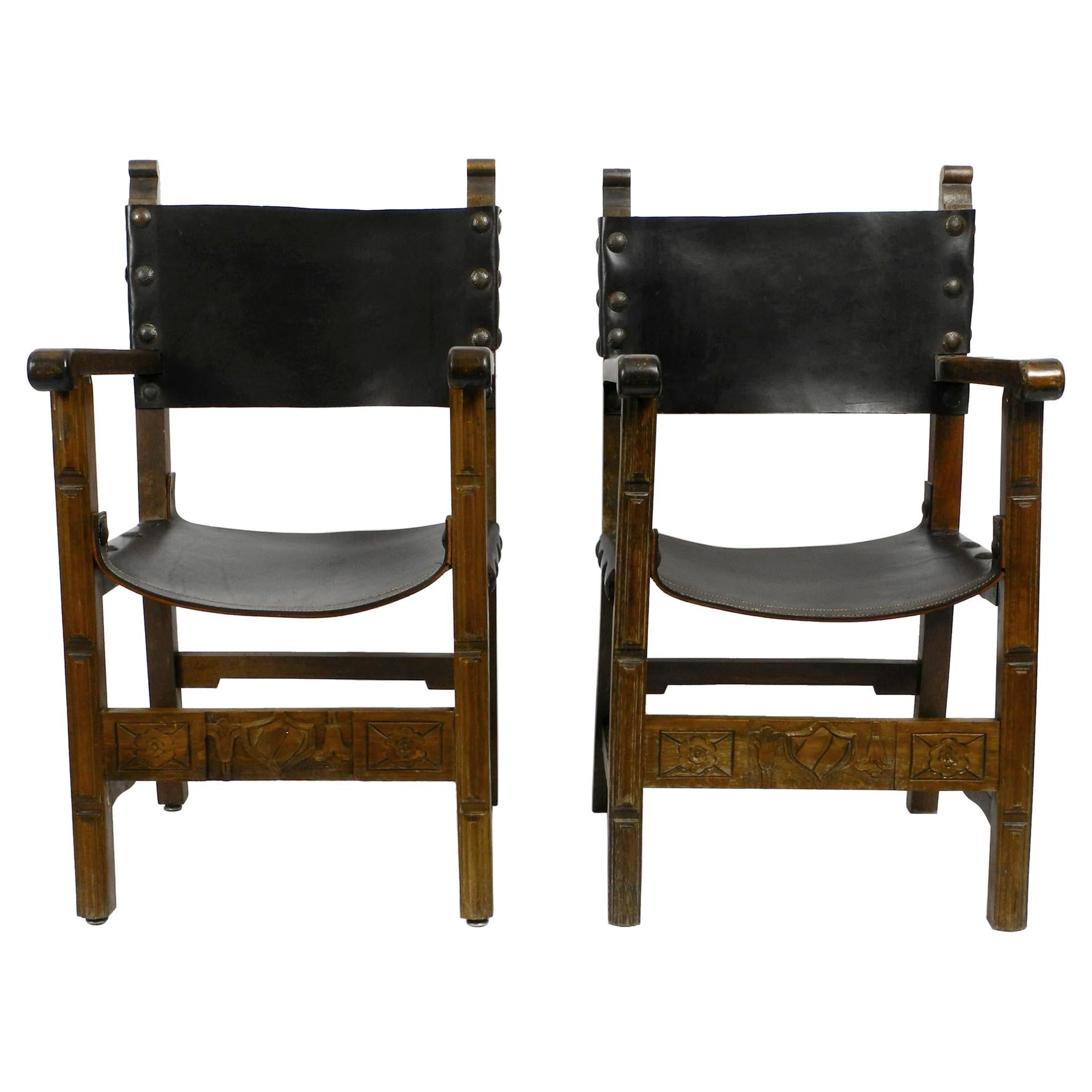 Two Large Spanish 1930s Knights Armchairs Made of Solid Wood and Core Leather