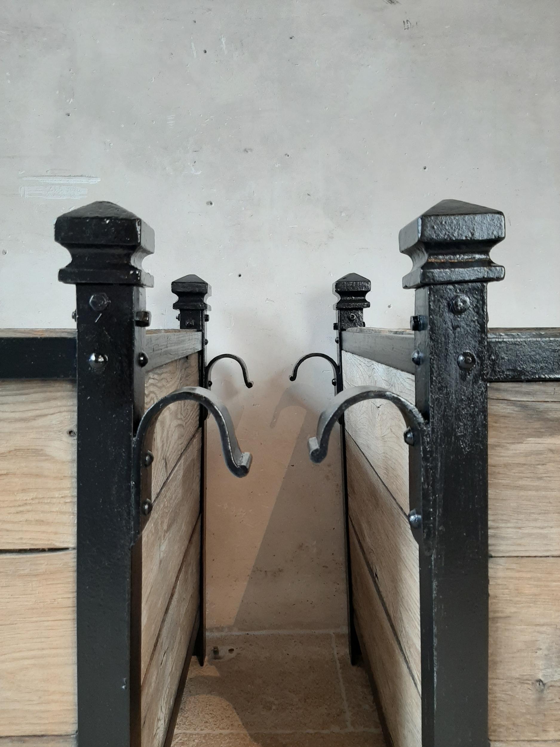 French Two Large Square Orangery Planters in Oak and Wrought Iron