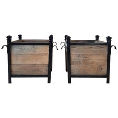 Antique Two Large Square Orangery Planters in Oak and Wrought Iron