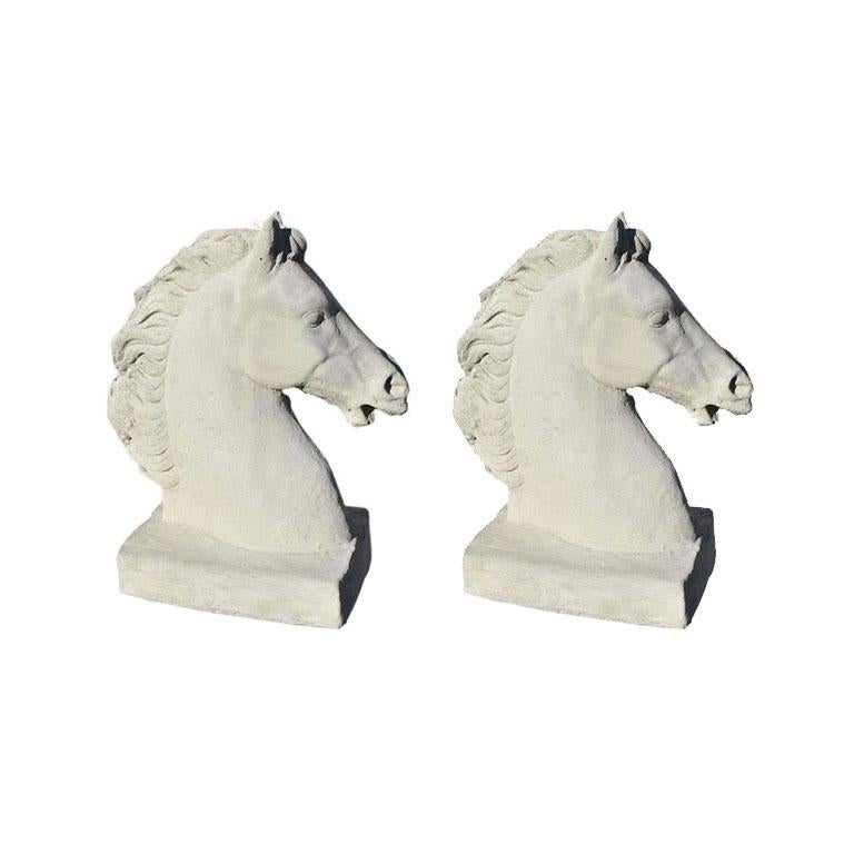 Hollywood Regency Two Large Tall Architectural Garden Stone Concrete Horse Busts, a Pair For Sale
