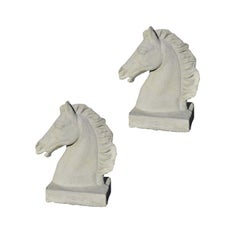 Two Large Tall Architectural Garden Stone Concrete Horse Busts, a Pair