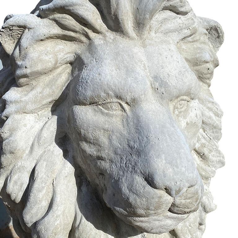 A pair of two cast concrete stone lions. Such a wonderful way to add a regal look to an entryway. (Or perhaps even a driveway.) Each lion sits on it’s hind legs, with his front paws outstretched and it’s mane flowing down his back. It stands on a
