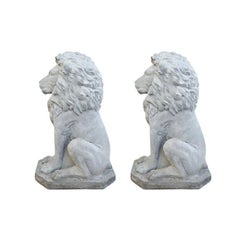 Two Large Tall Architectural Sitting Stone Concrete Lions, a Pair