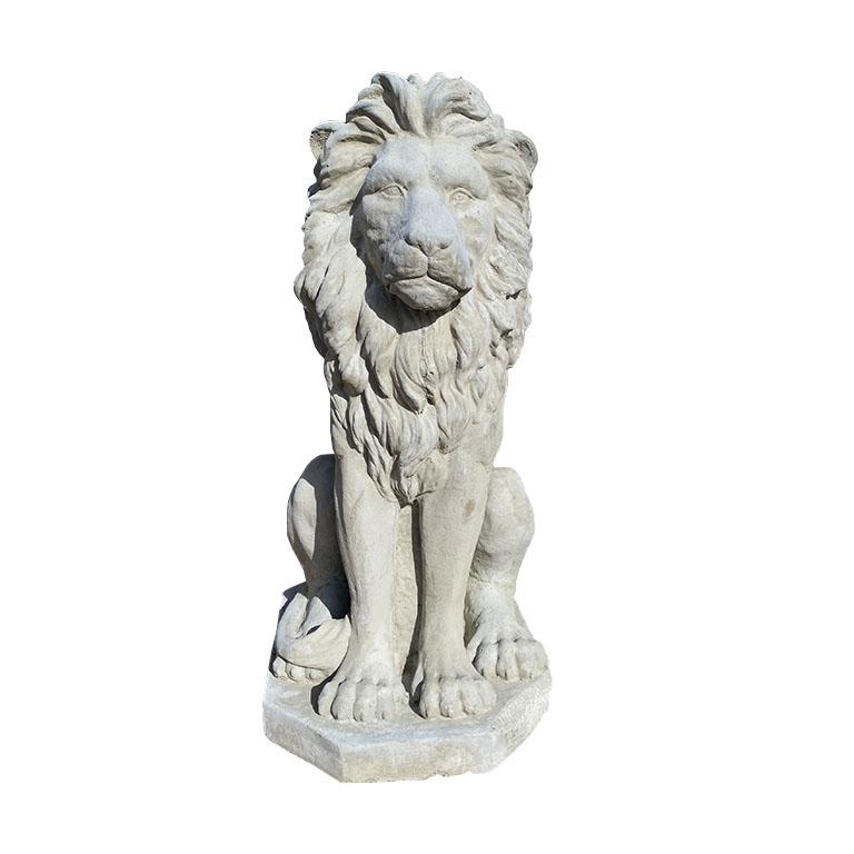 Hollywood Regency Two Large Tall Architectural Sitting Stone Concrete Lions, a Pair