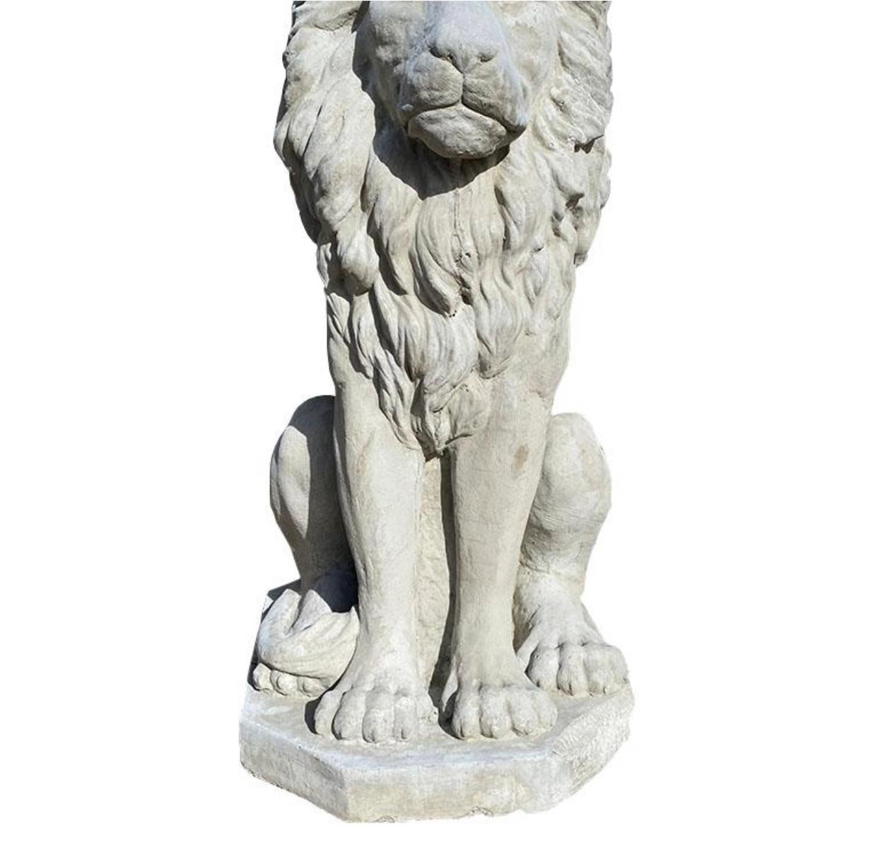 Hollywood Regency Two Large Tall Architectural Sitting Stone Concrete Lions, a Pair