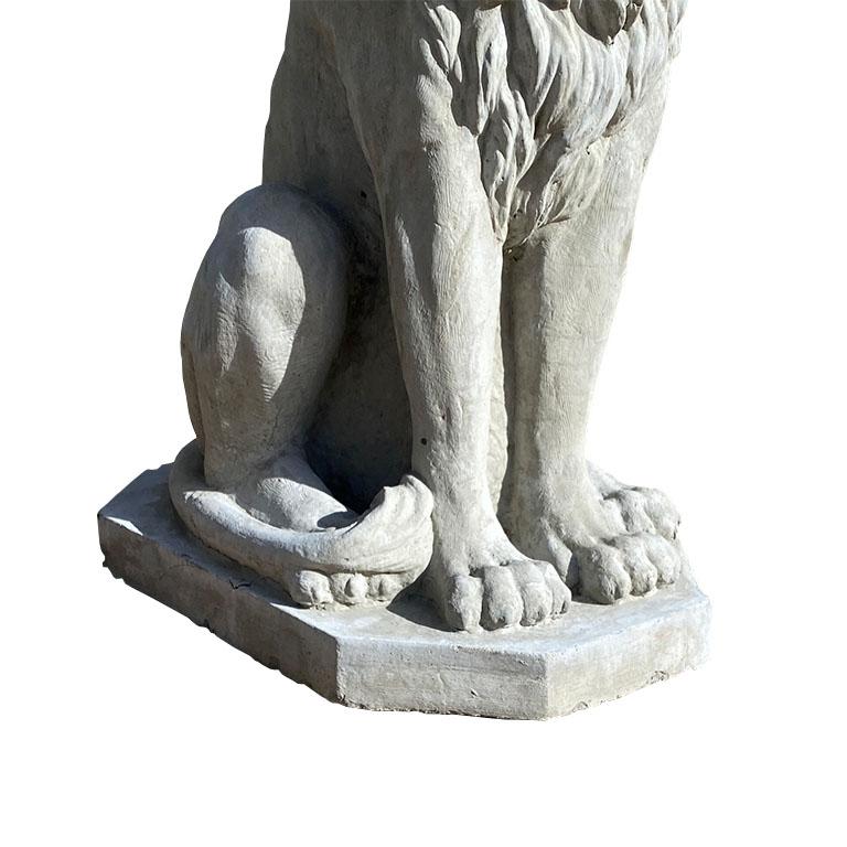 American Two Large Tall Architectural Sitting Stone Concrete Lions, a Pair